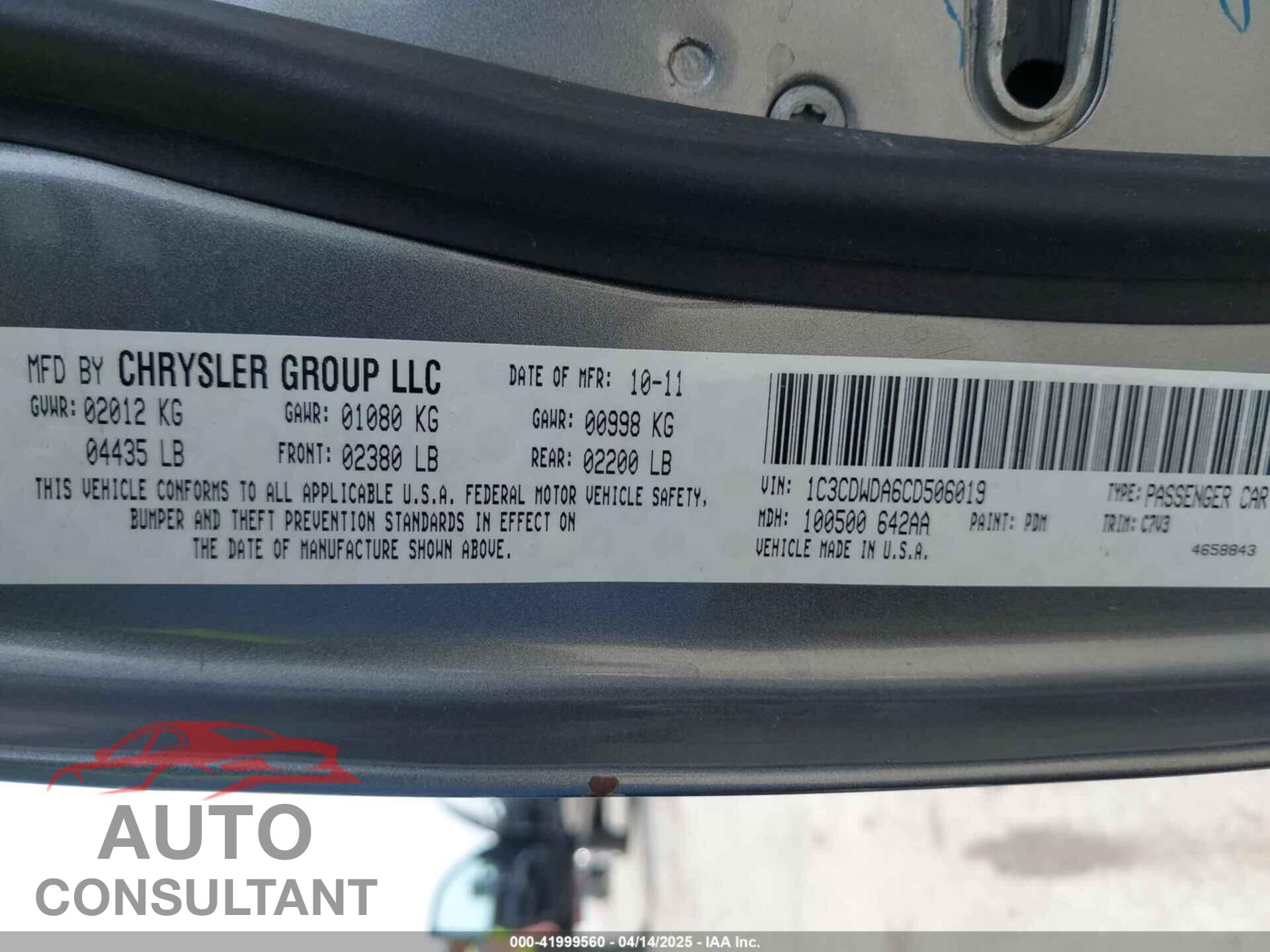 DODGE CALIBER 2012 - 1C3CDWDA6CD506019