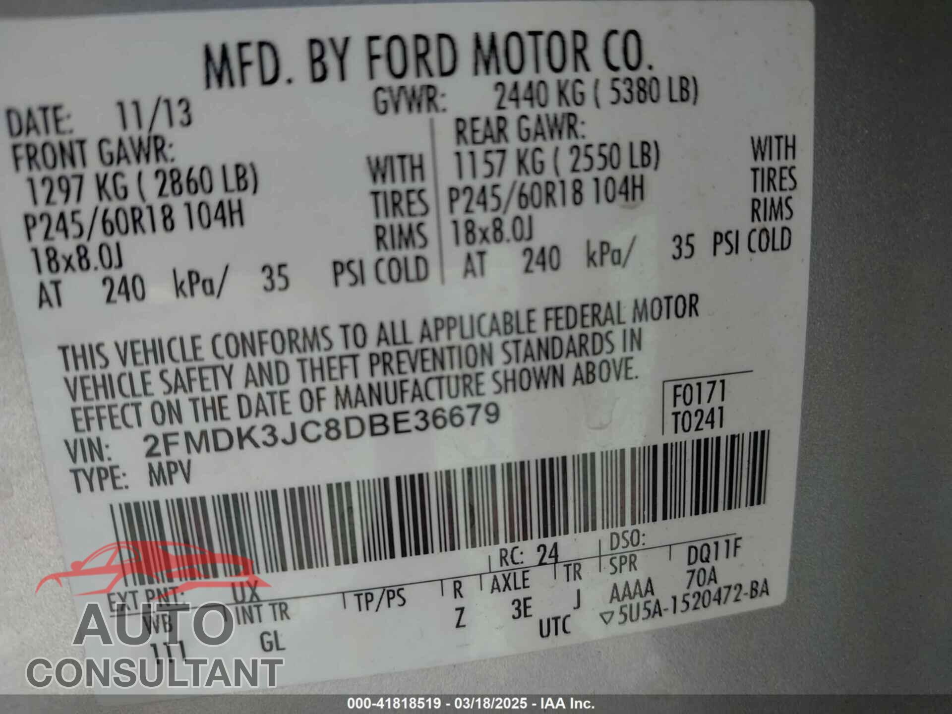 FORD EDGE 2013 - 2FMDK3JC8DBE36679