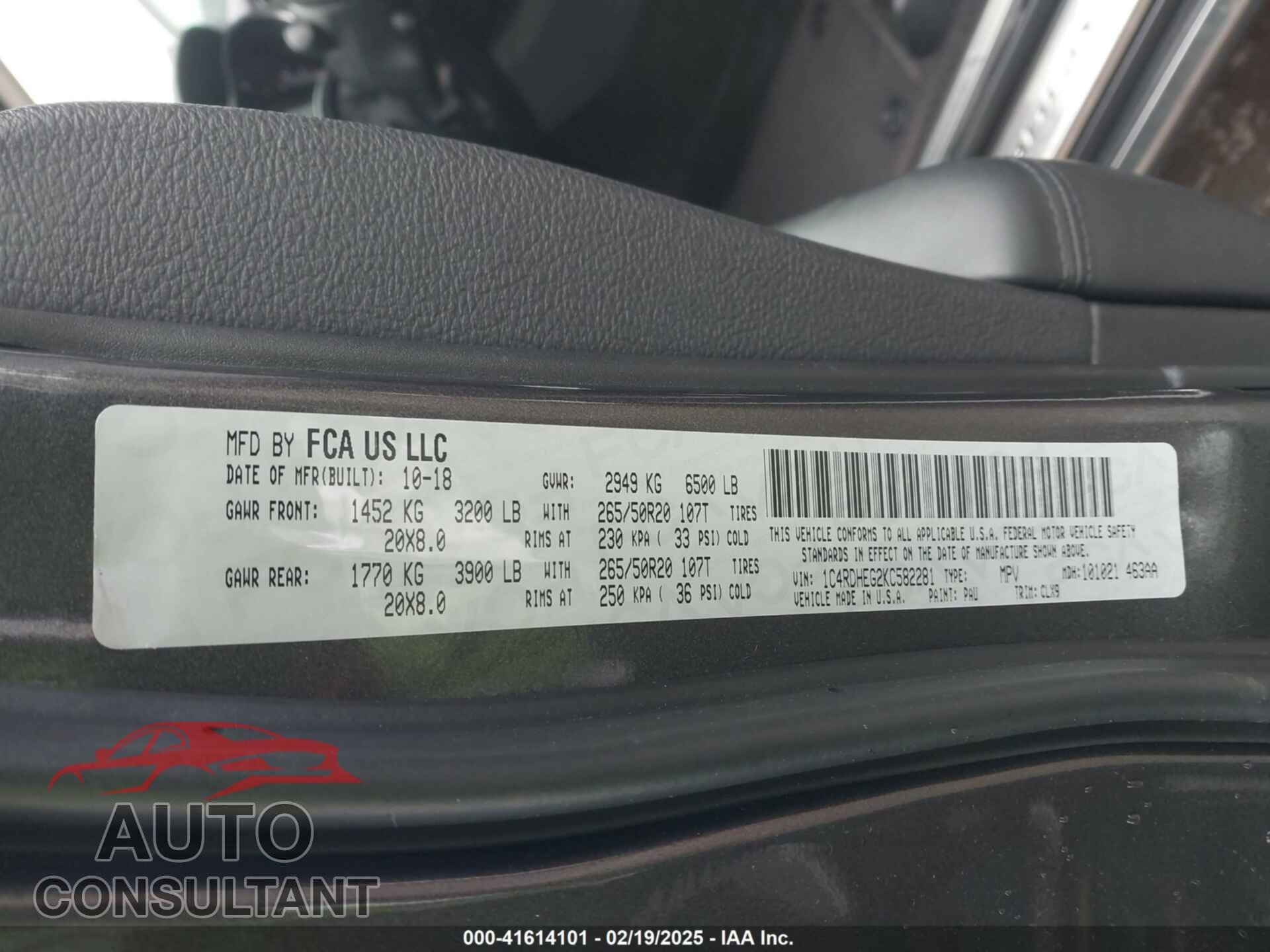 DODGE DURANGO 2019 - 1C4RDHEG2KC582281