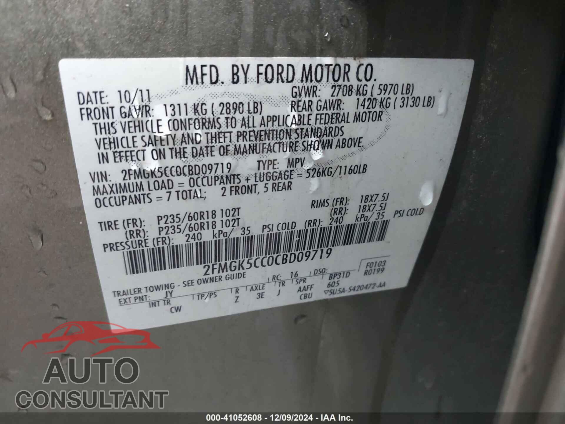 FORD FLEX 2012 - 2FMGK5CC0CBD09719