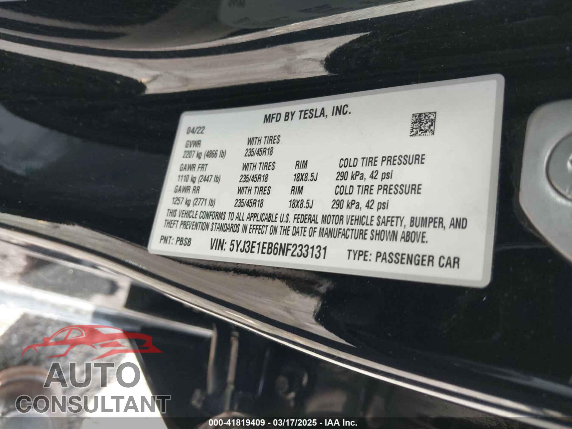 TESLA MODEL 3 2022 - 5YJ3E1EB6NF233131
