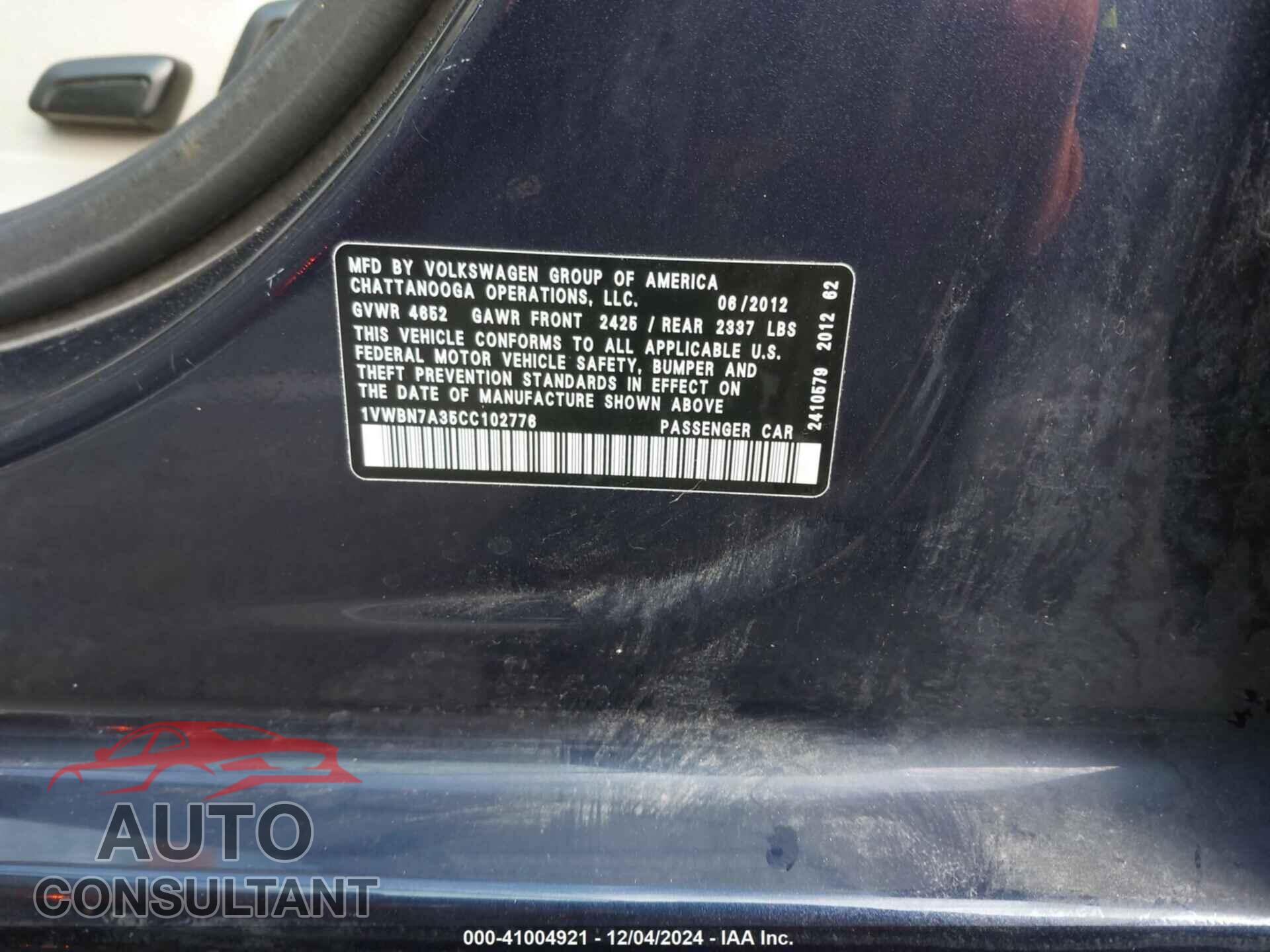 VOLKSWAGEN PASSAT 2012 - 1VWBN7A35CC102776