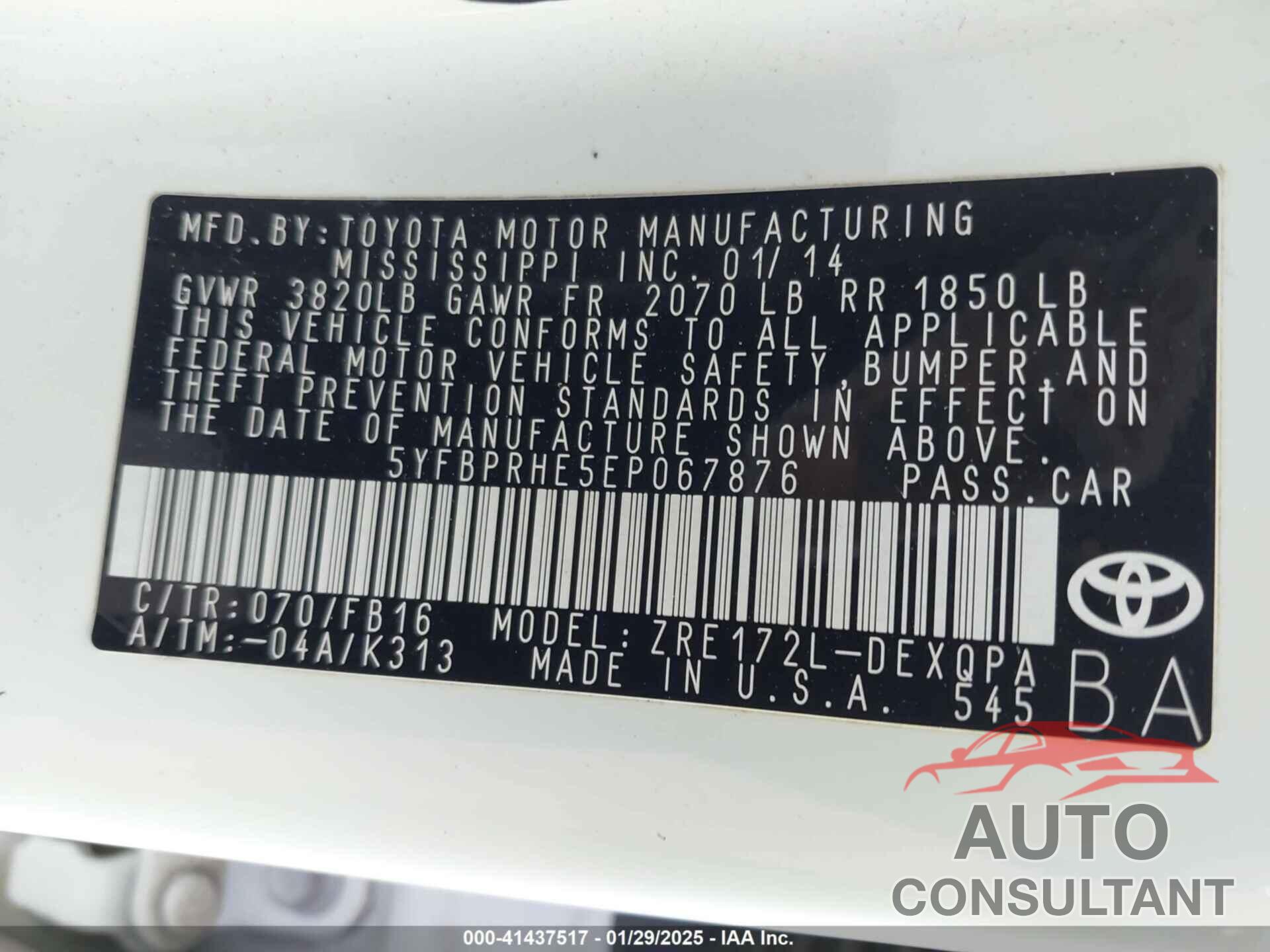 TOYOTA COROLLA 2014 - 5YFBPRHE5EP067876