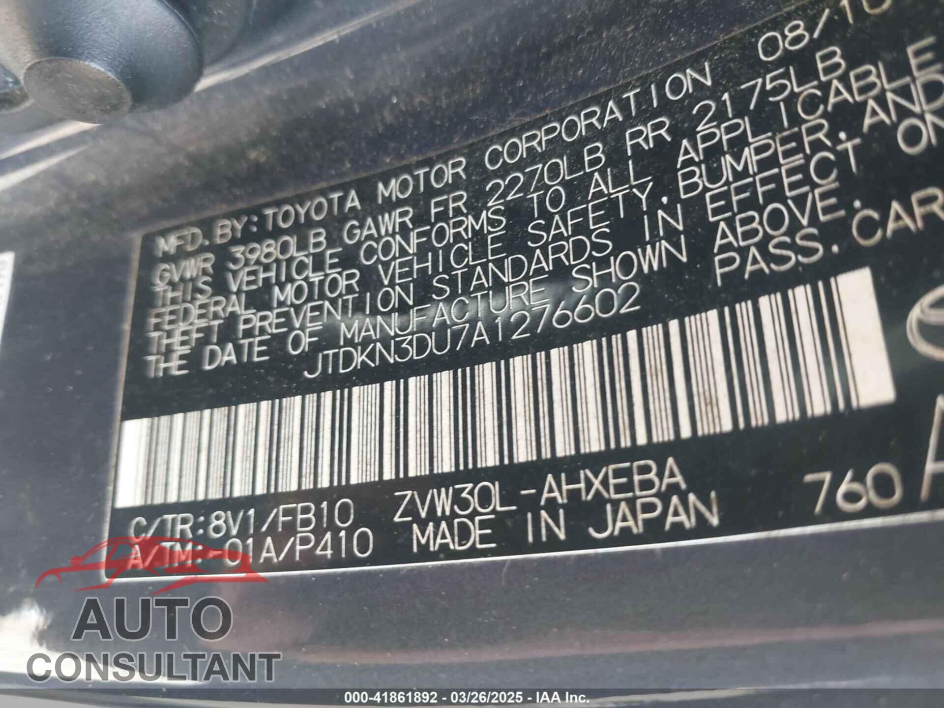 TOYOTA PRIUS 2010 - JTDKN3DU7A1276602