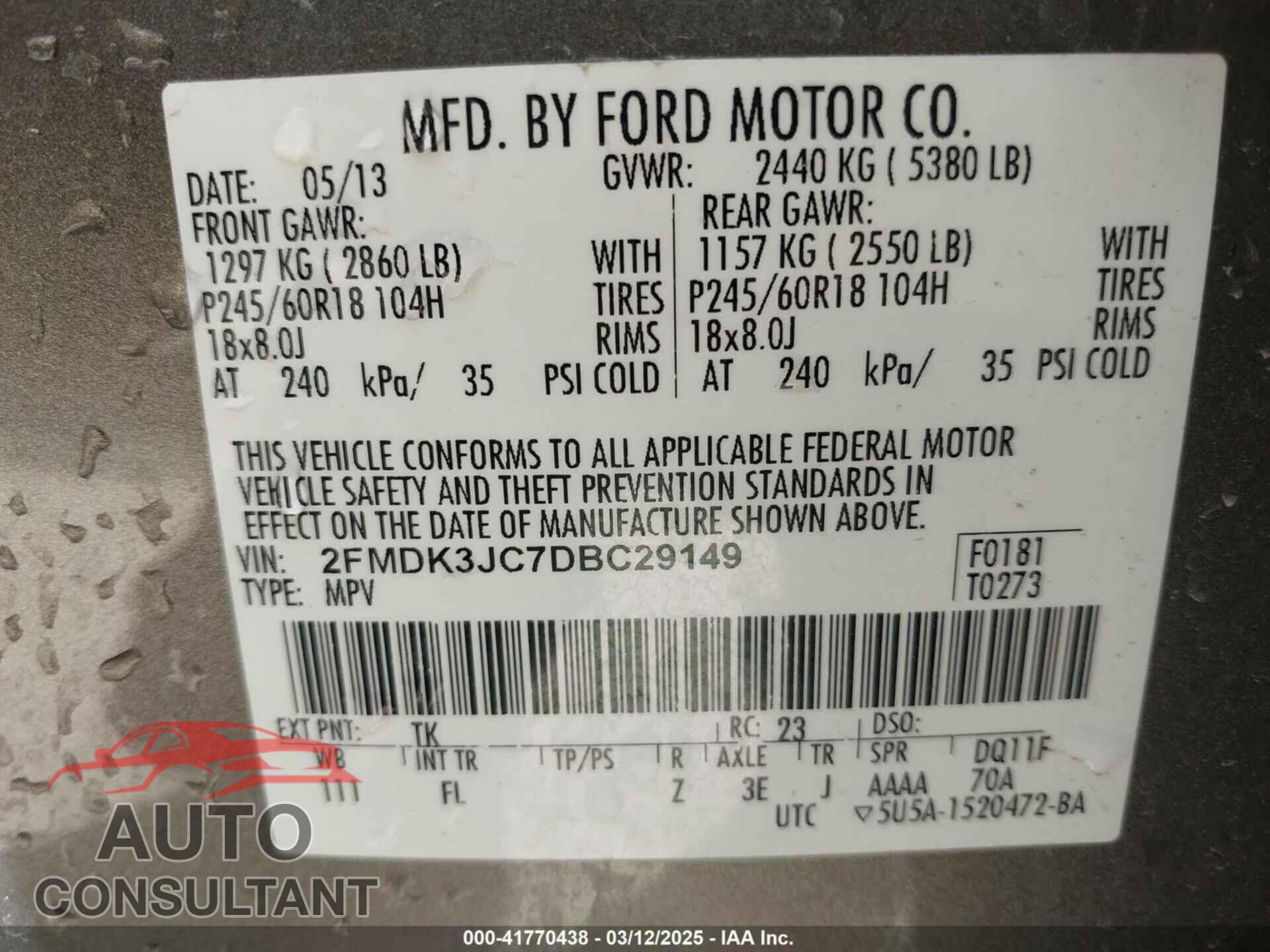 FORD EDGE 2013 - 2FMDK3JC7DBC29149