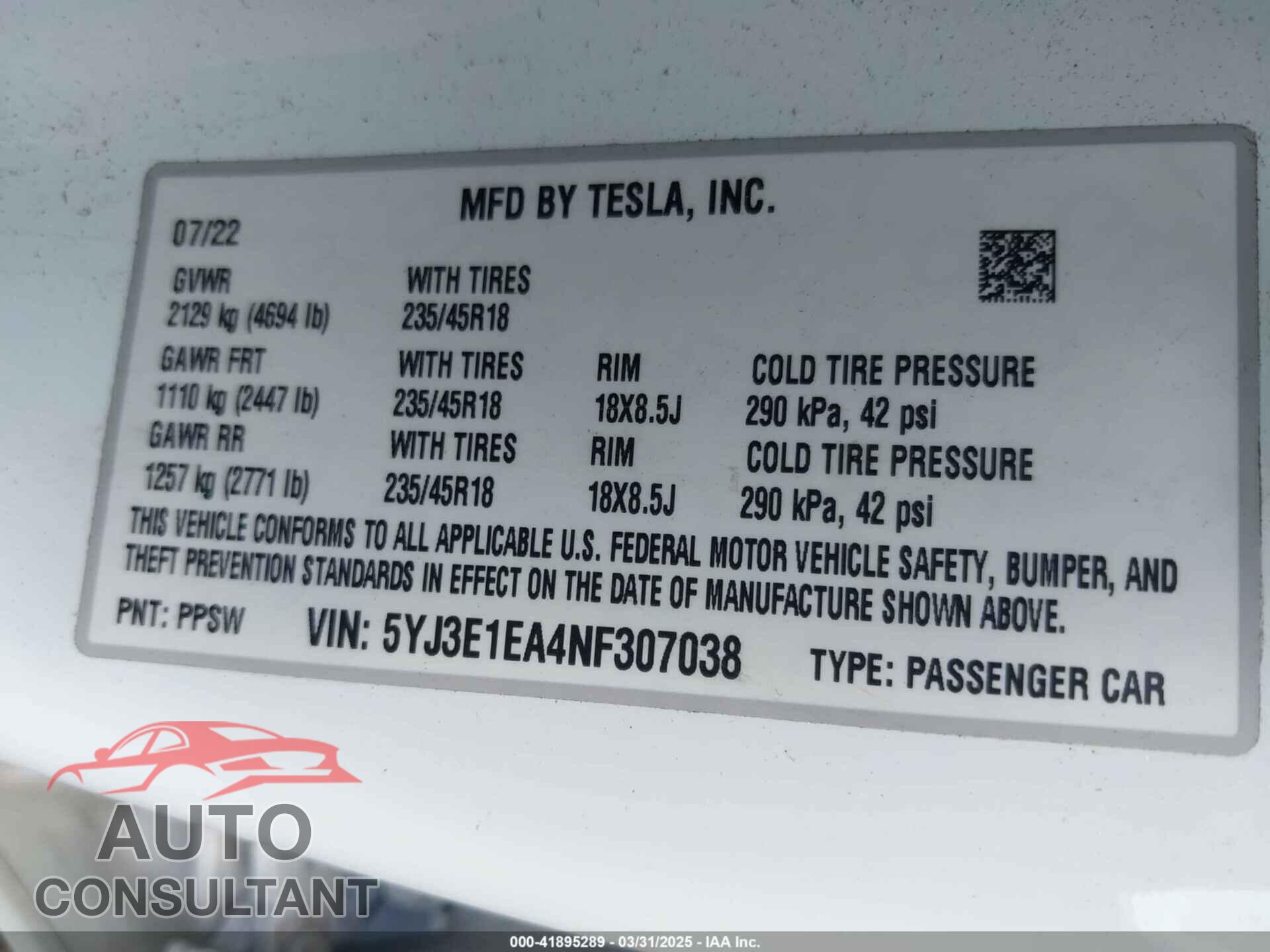 TESLA MODEL 3 2022 - 5YJ3E1EA4NF307038