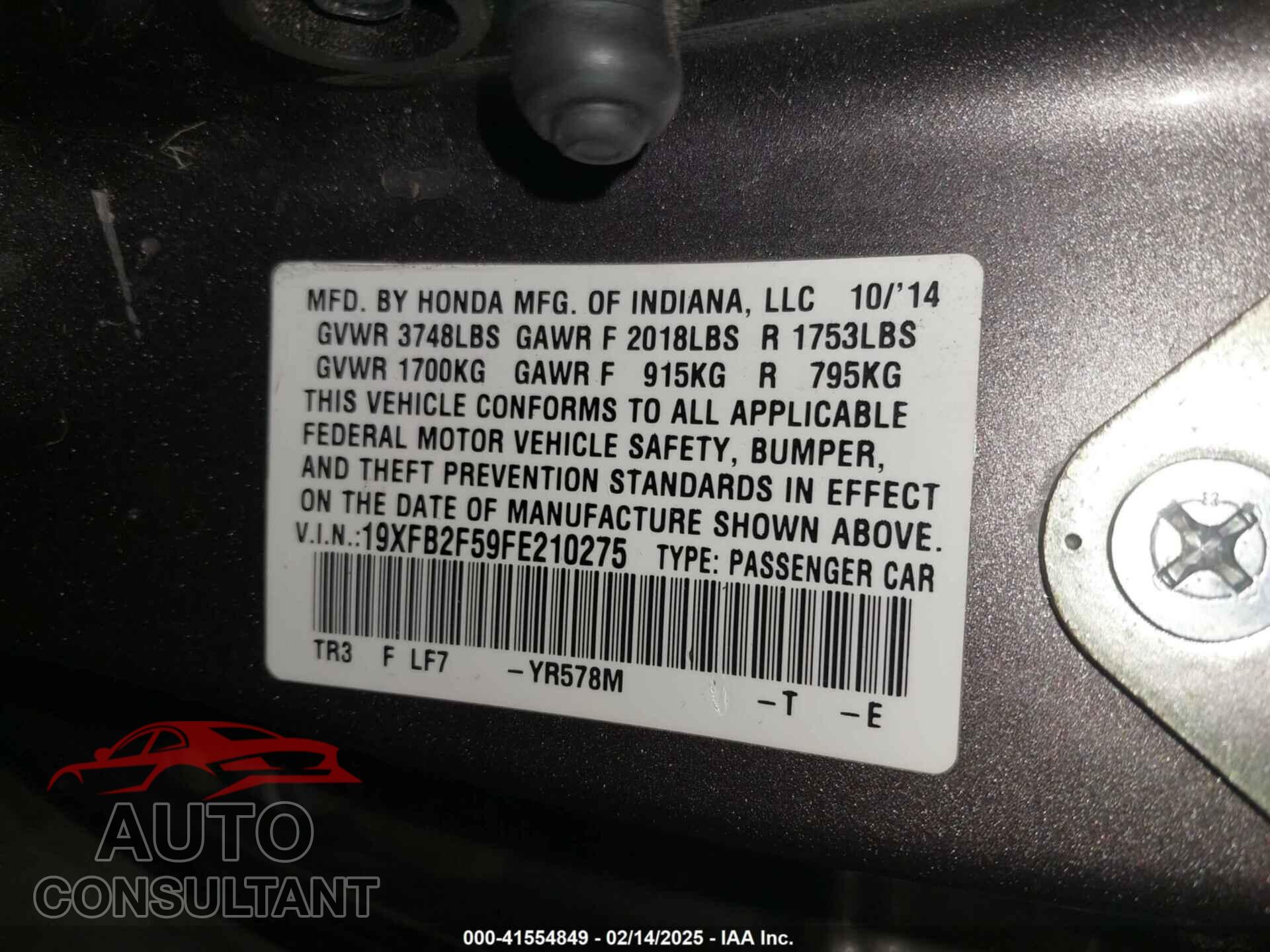 HONDA CIVIC 2015 - 19XFB2F59FE210275
