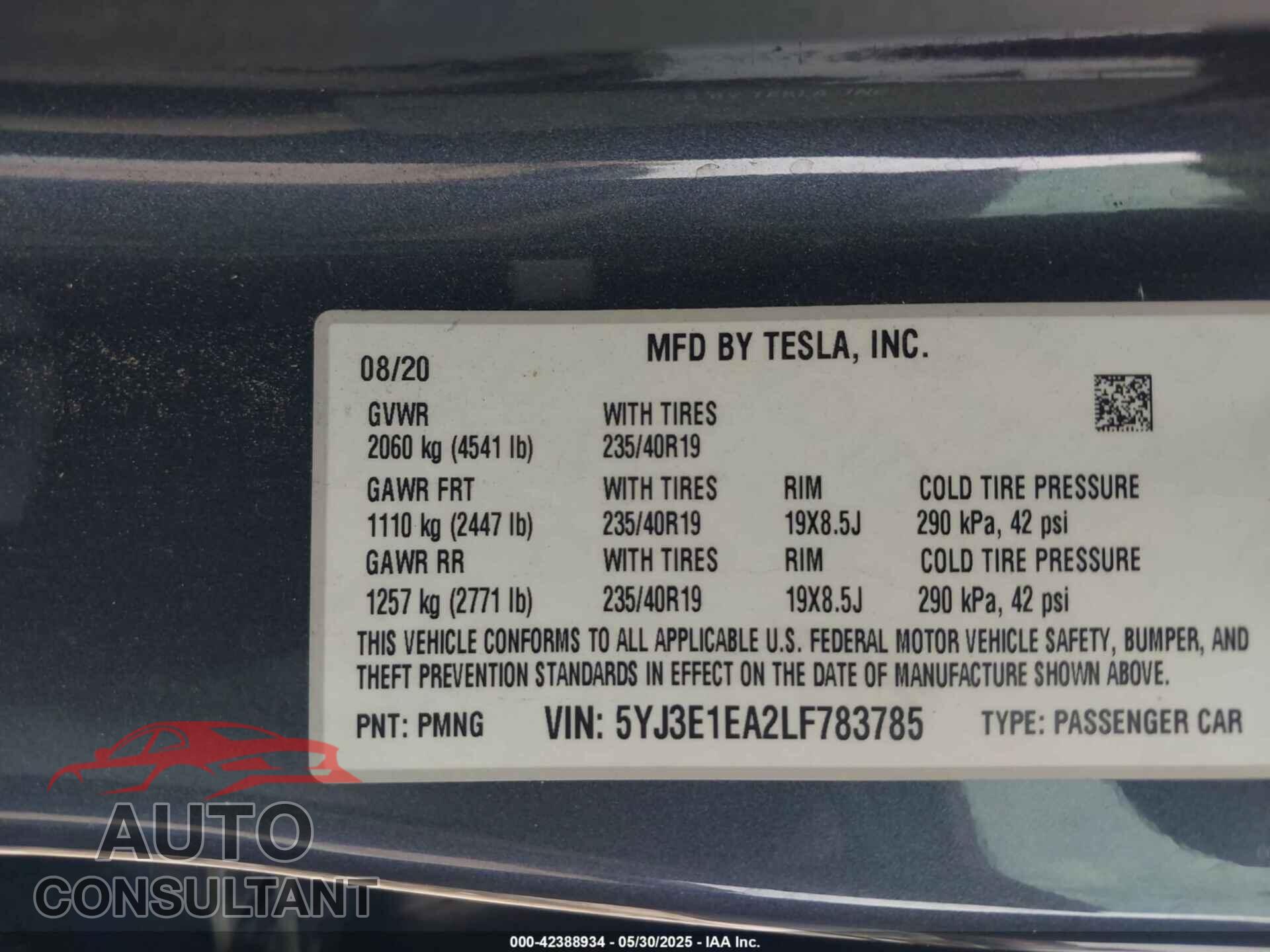 TESLA MODEL 3 2020 - 5YJ3E1EA2LF783785