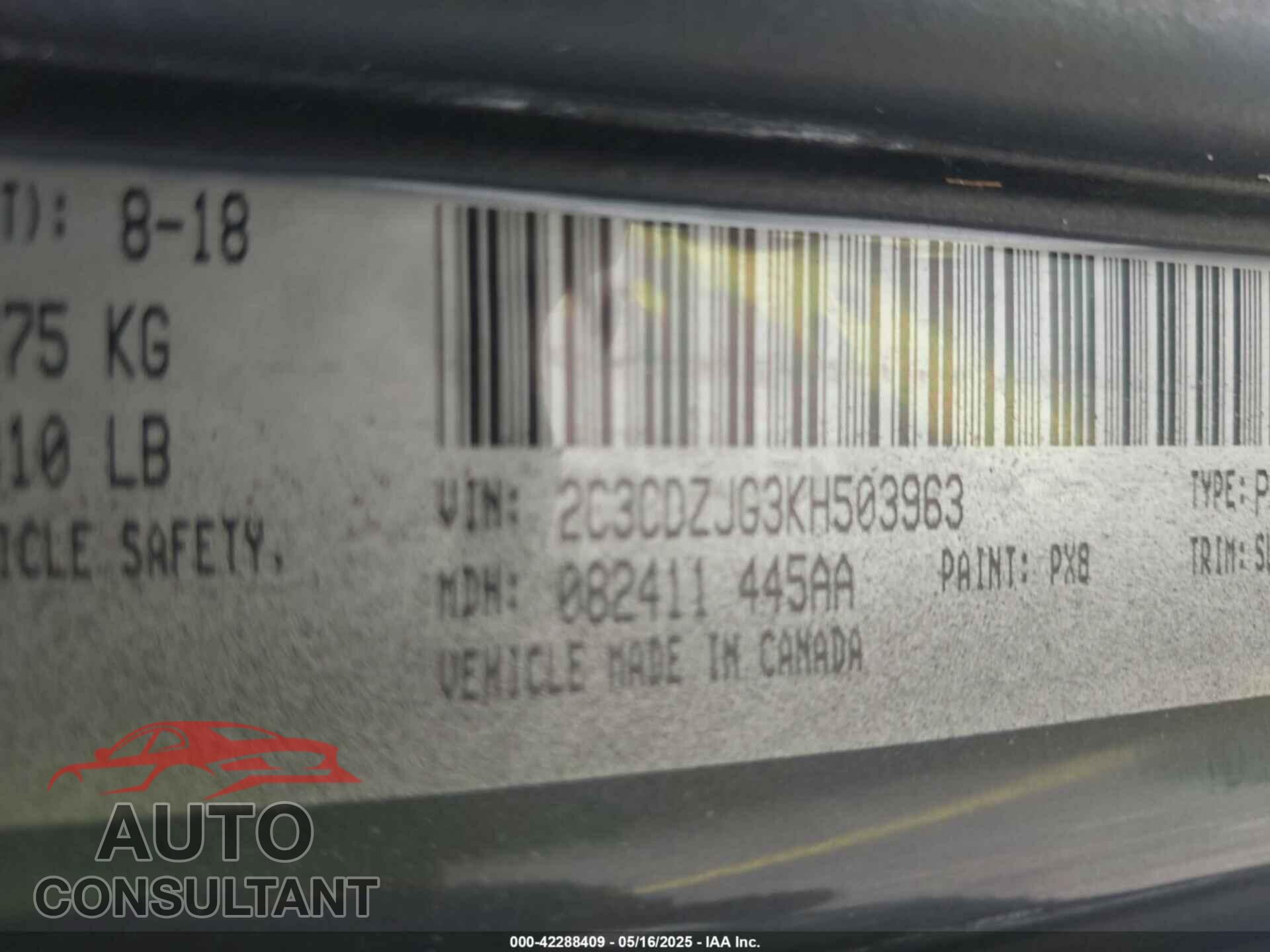 DODGE CHALLENGER 2019 - 2C3CDZJG3KH503963