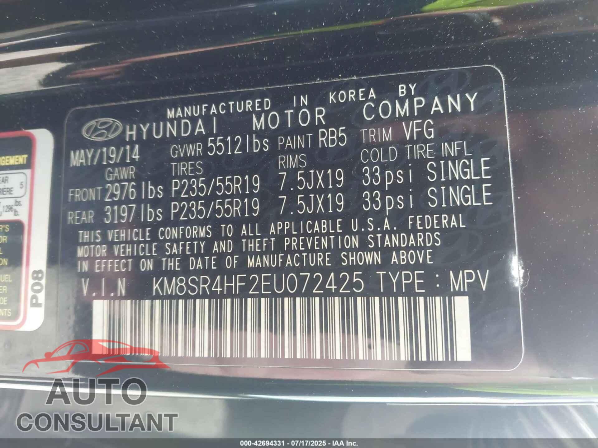 HYUNDAI SANTA FE 2014 - KM8SR4HF2EU072425