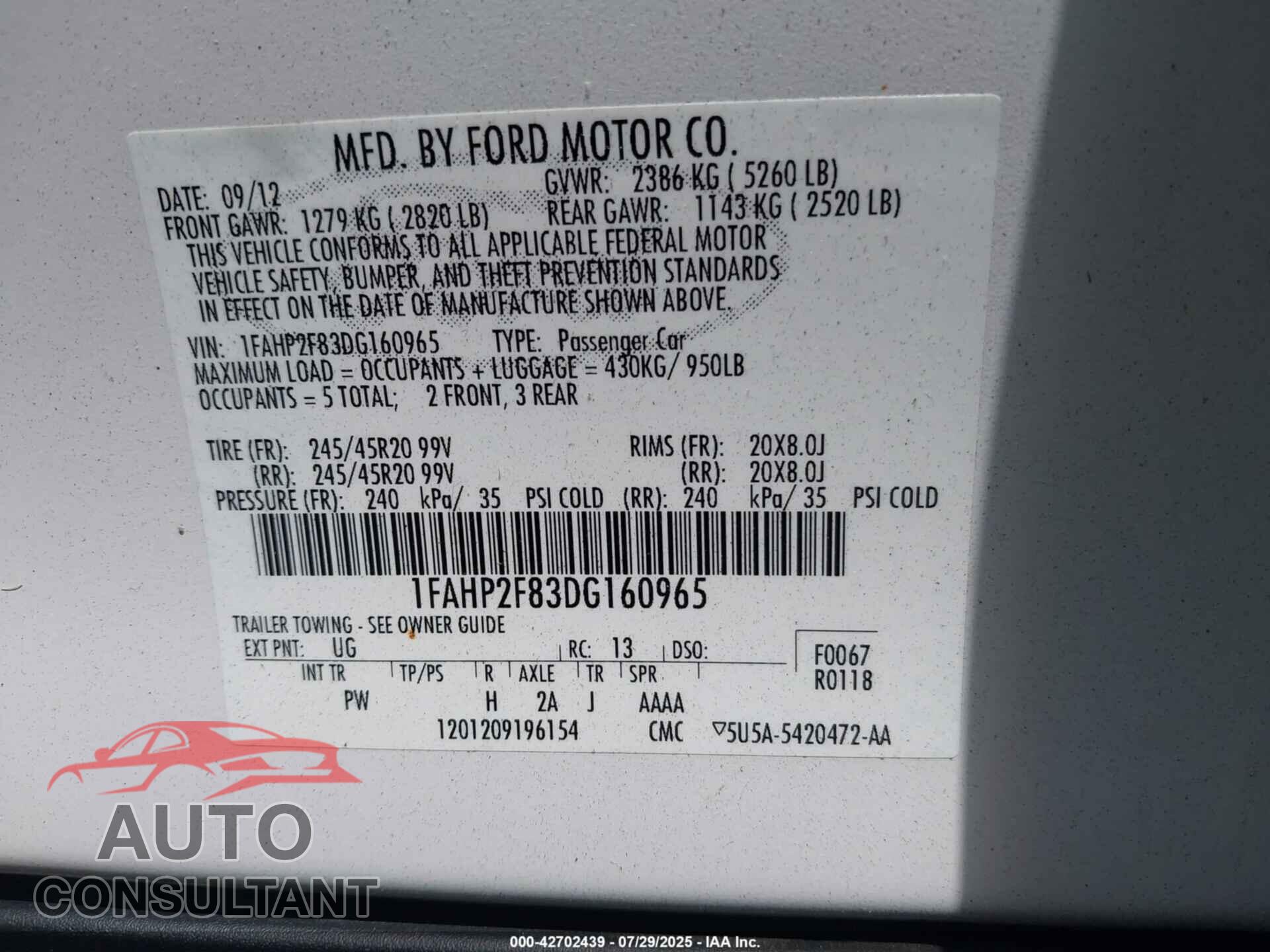 FORD TAURUS 2013 - 1FAHP2F83DG160965
