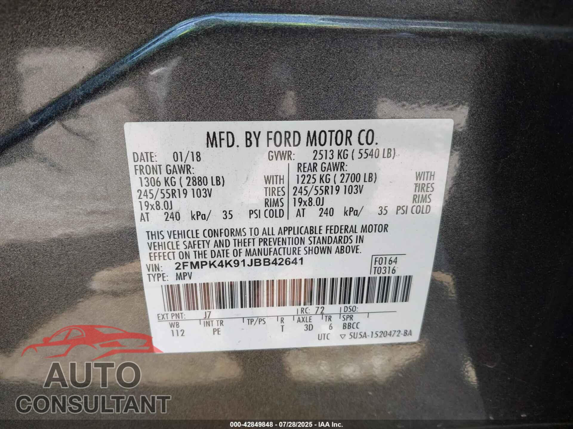 FORD EDGE 2018 - 2FMPK4K91JBB42641