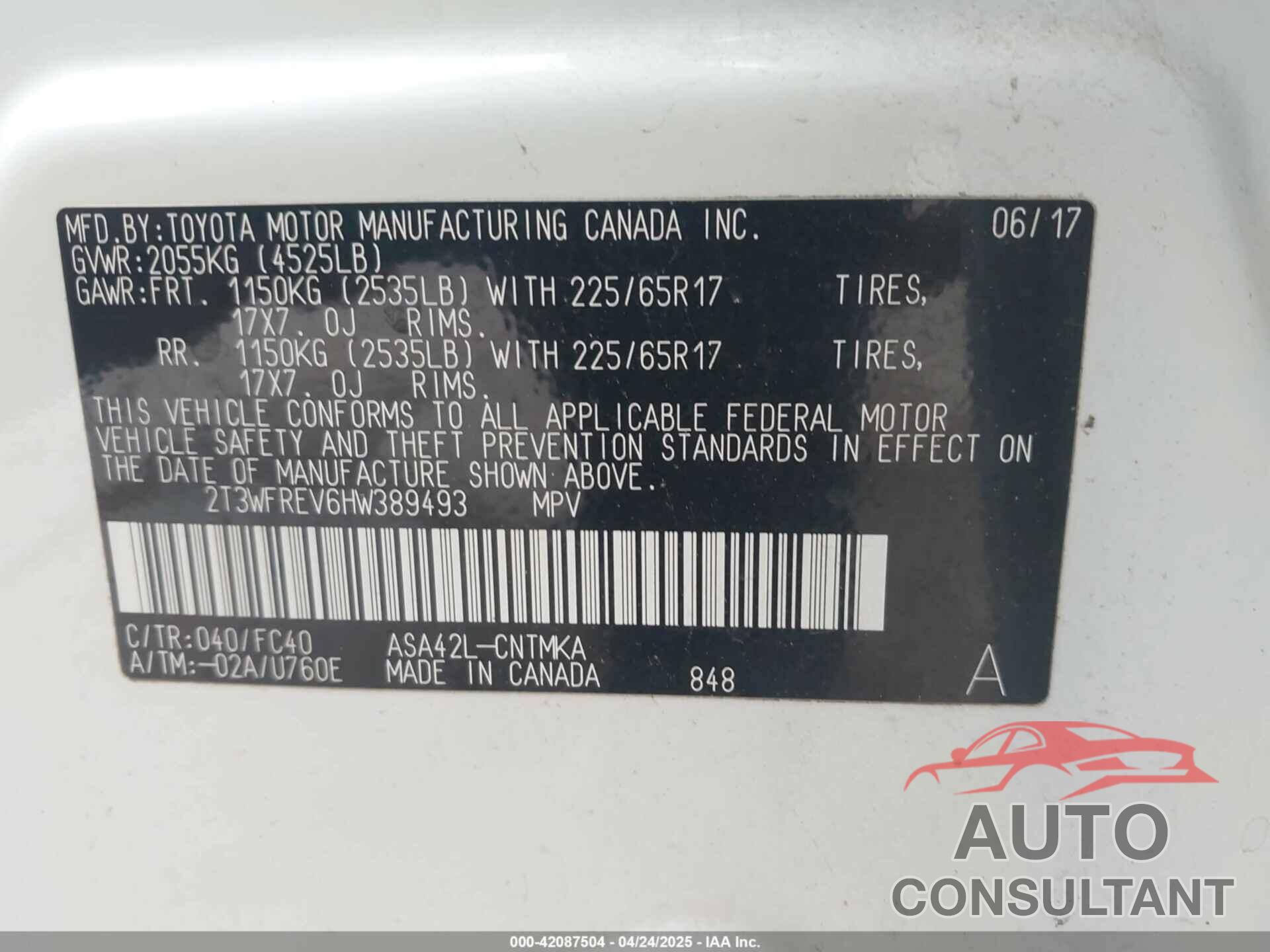 TOYOTA RAV4 2017 - 2T3WFREV6HW389493
