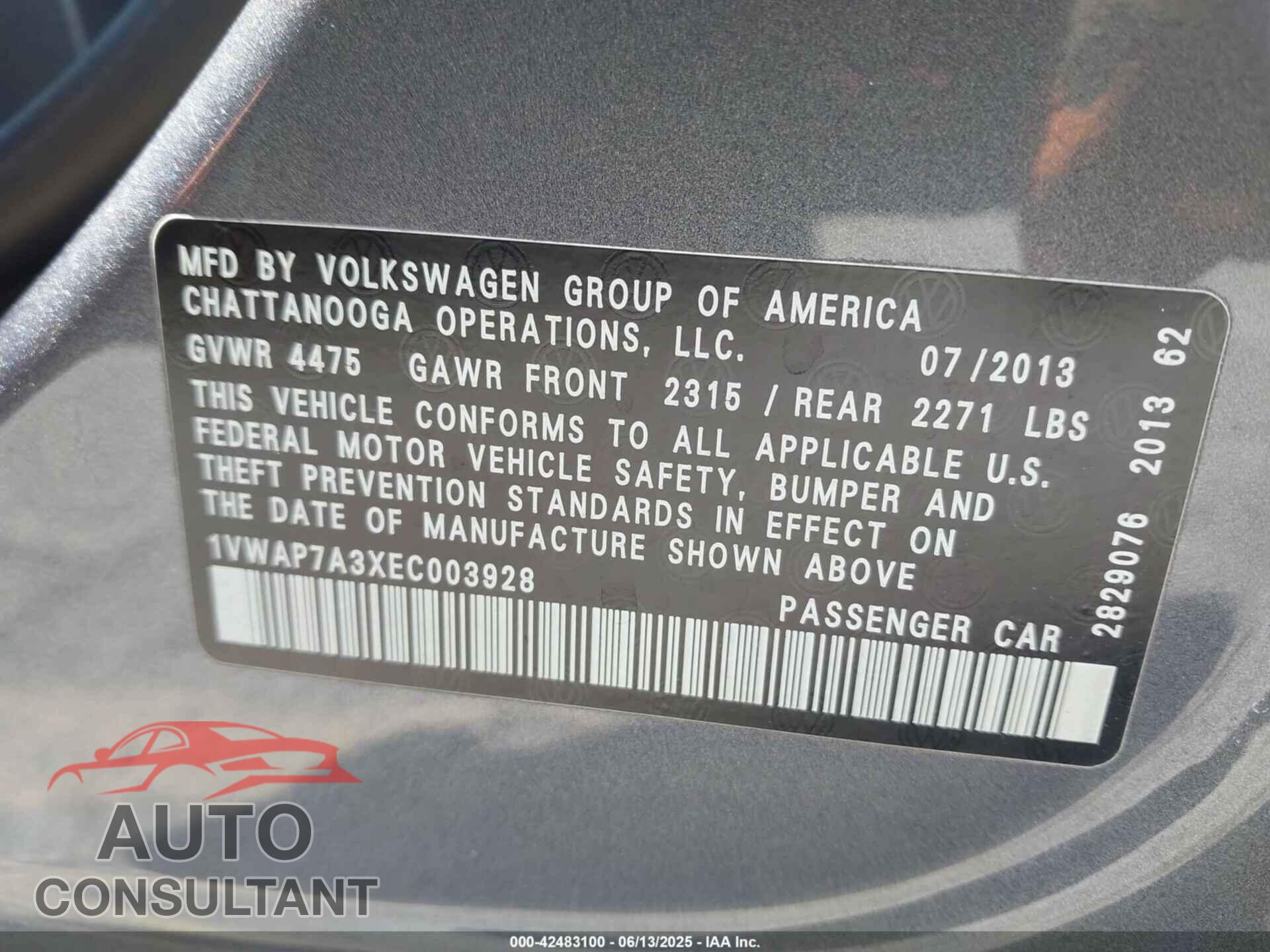 VOLKSWAGEN PASSAT 2014 - 1VWAP7A3XEC003928