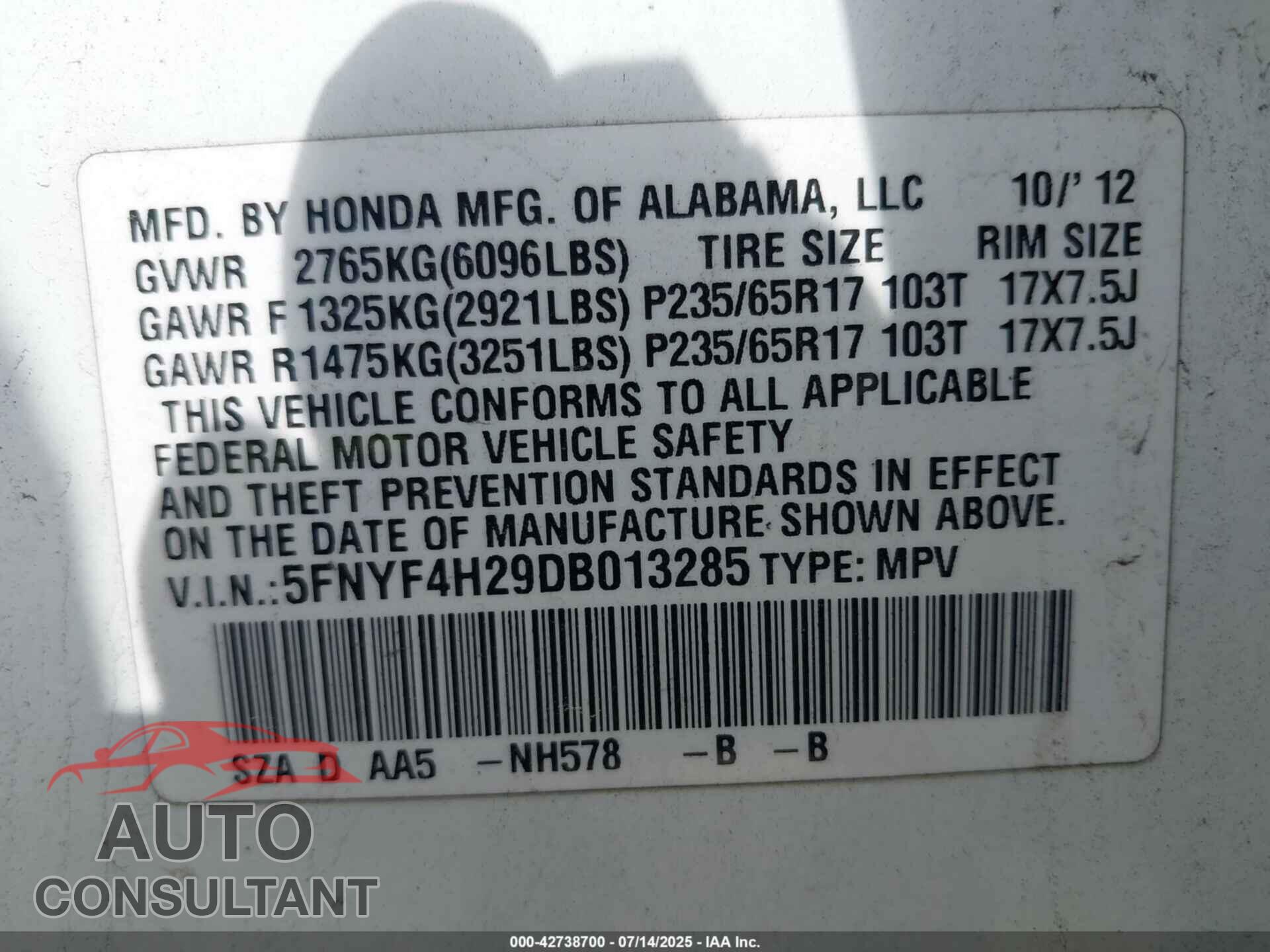 HONDA PILOT 2013 - 5FNYF4H29DB013285