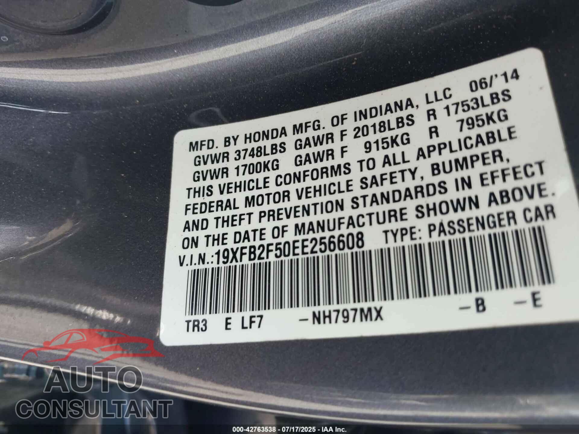 HONDA CIVIC 2014 - 19XFB2F50EE256608