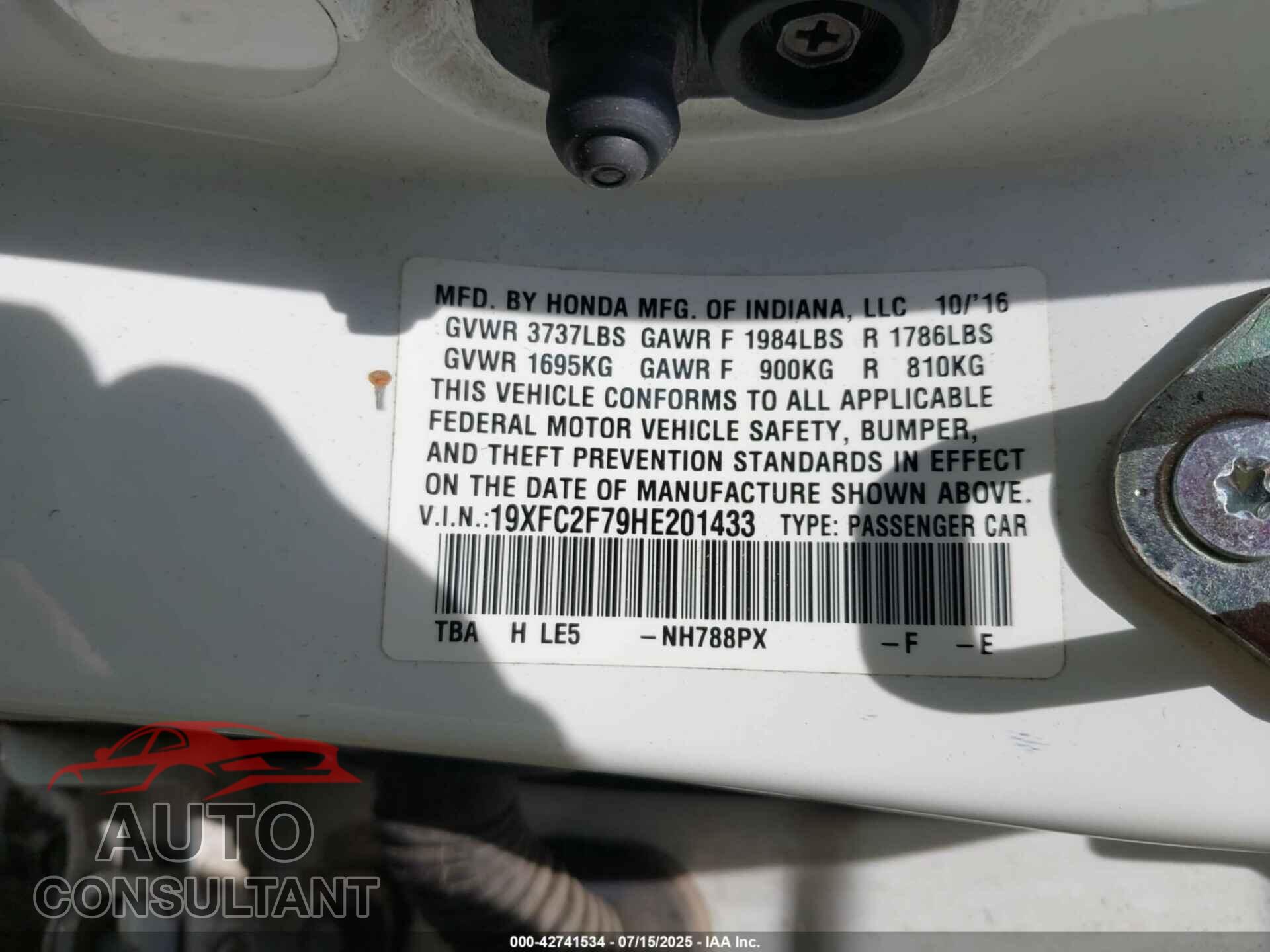 HONDA CIVIC 2017 - 19XFC2F79HE201433