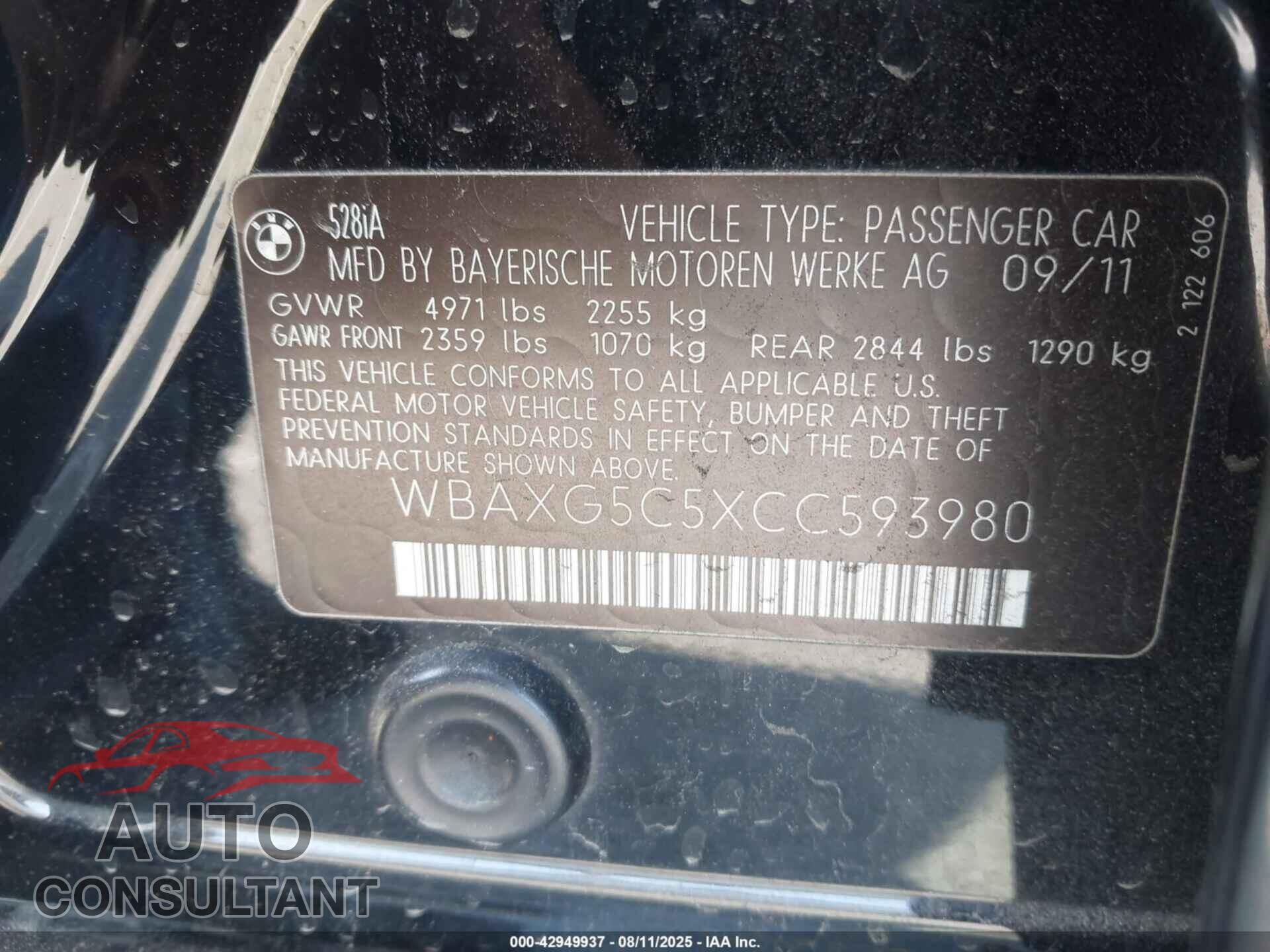 BMW 528I 2012 - WBAXG5C5XCC593980