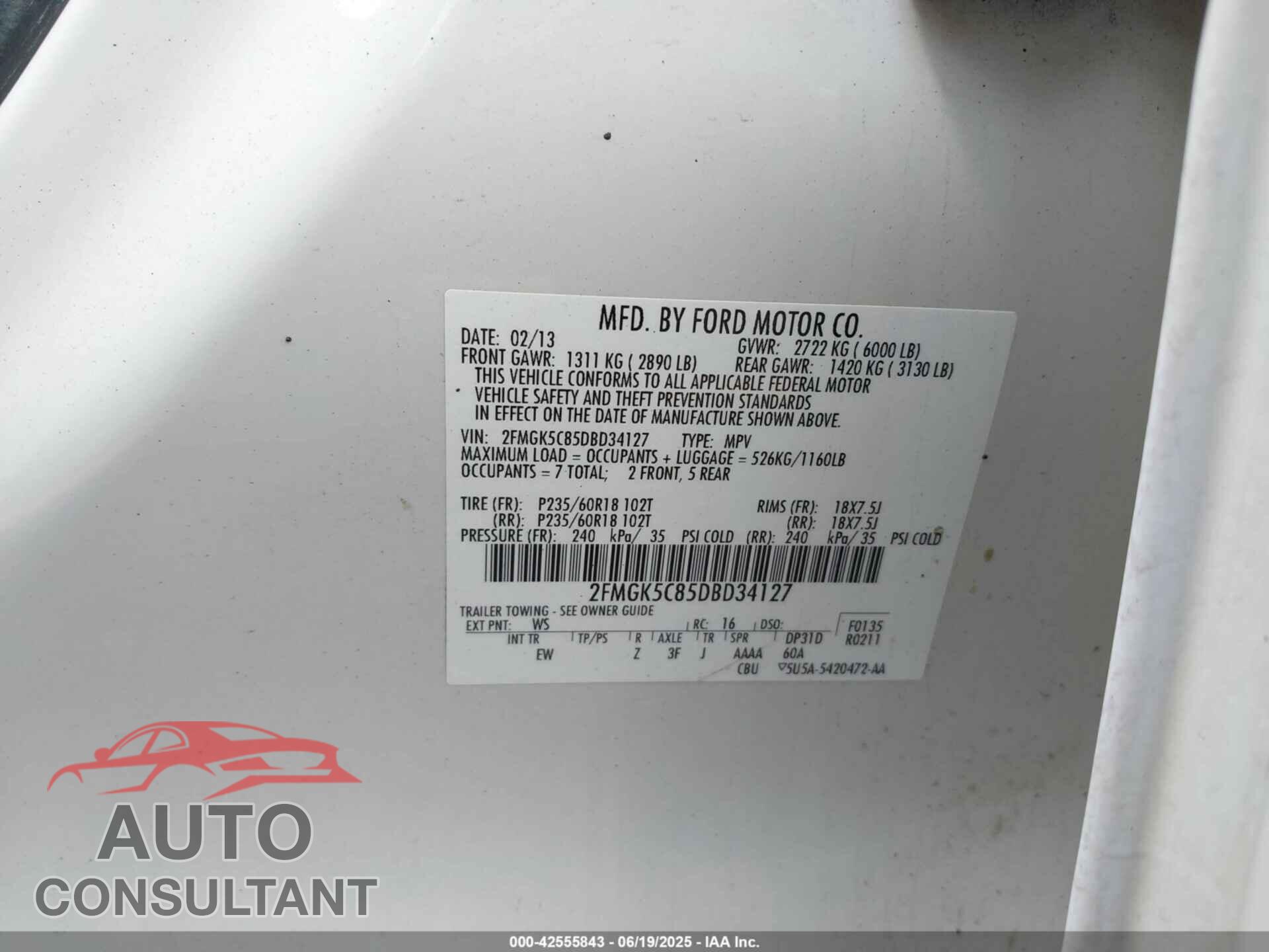 FORD FLEX 2013 - 2FMGK5C85DBD34127