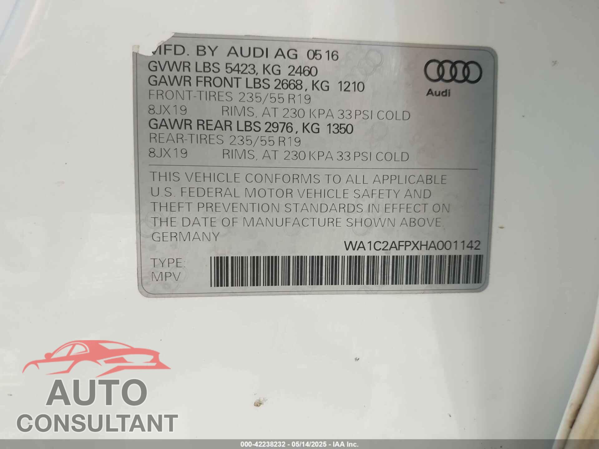 AUDI Q5 2017 - WA1C2AFPXHA001142