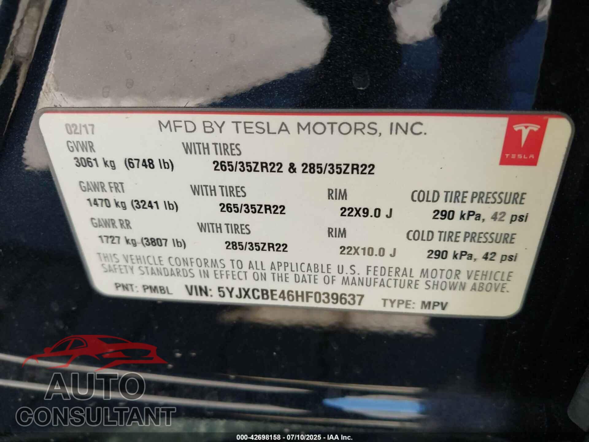 TESLA MODEL X 2017 - 5YJXCBE46HF039637