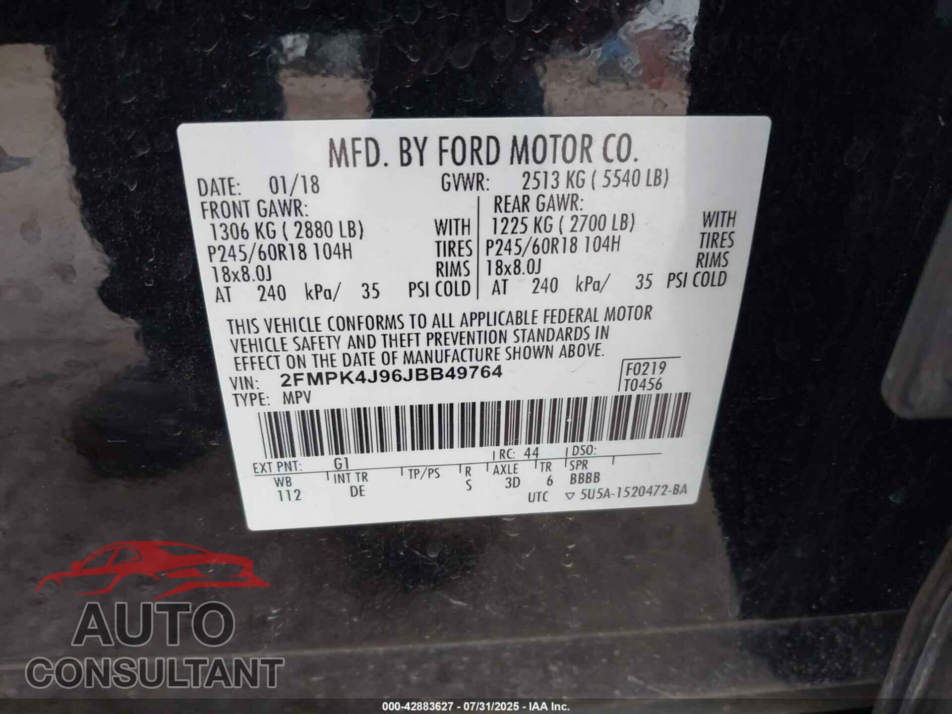 FORD EDGE 2018 - 2FMPK4J96JBB49764