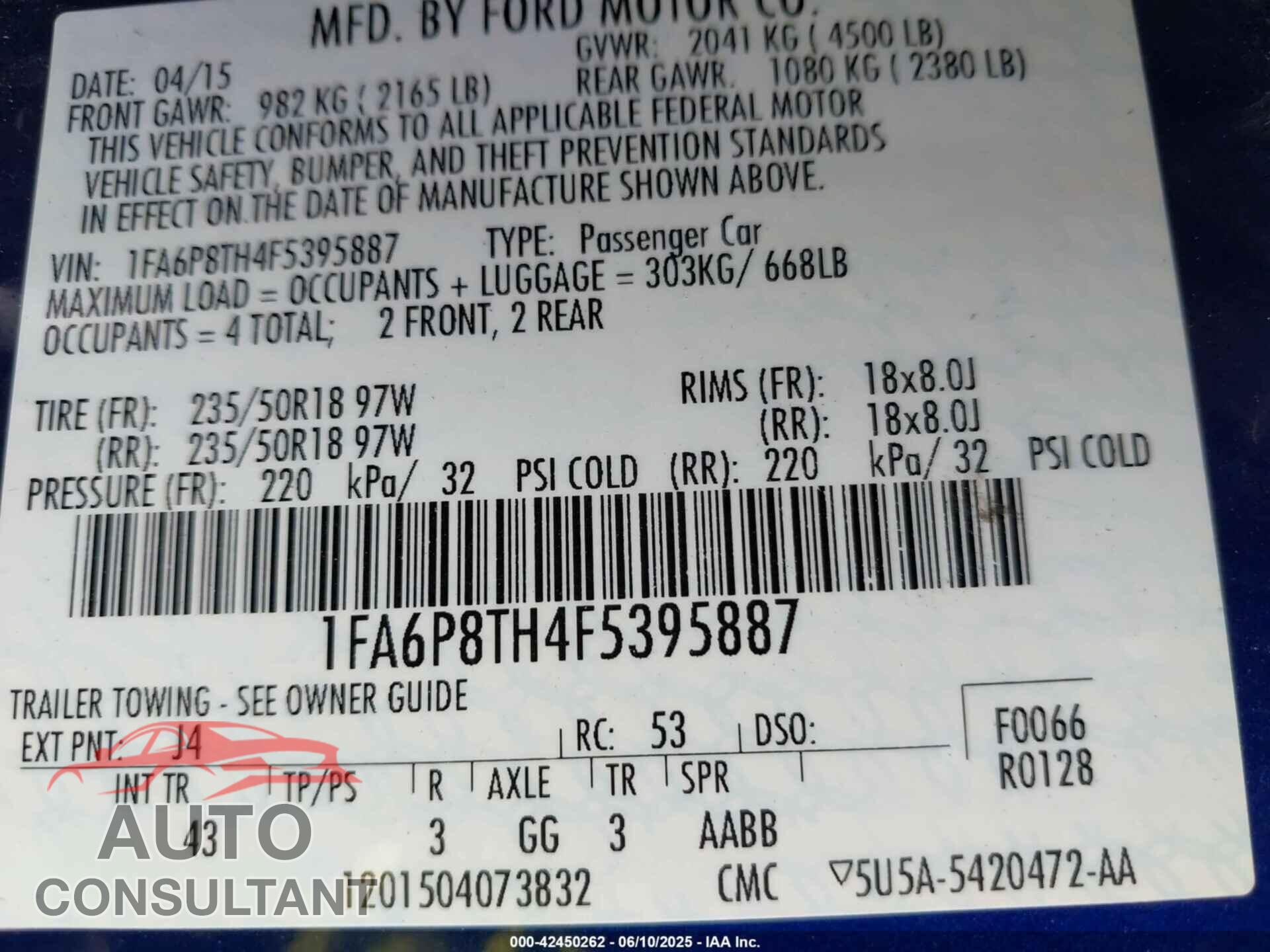 FORD MUSTANG 2015 - 1FA6P8TH4F5395887