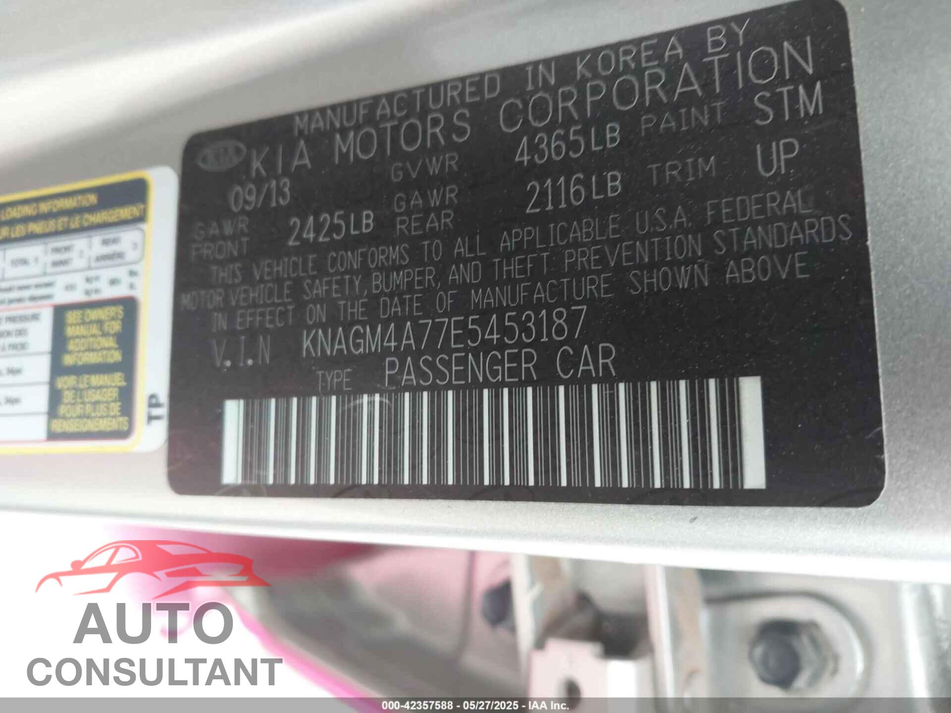 KIA OPTIMA 2014 - KNAGM4A77E5453187