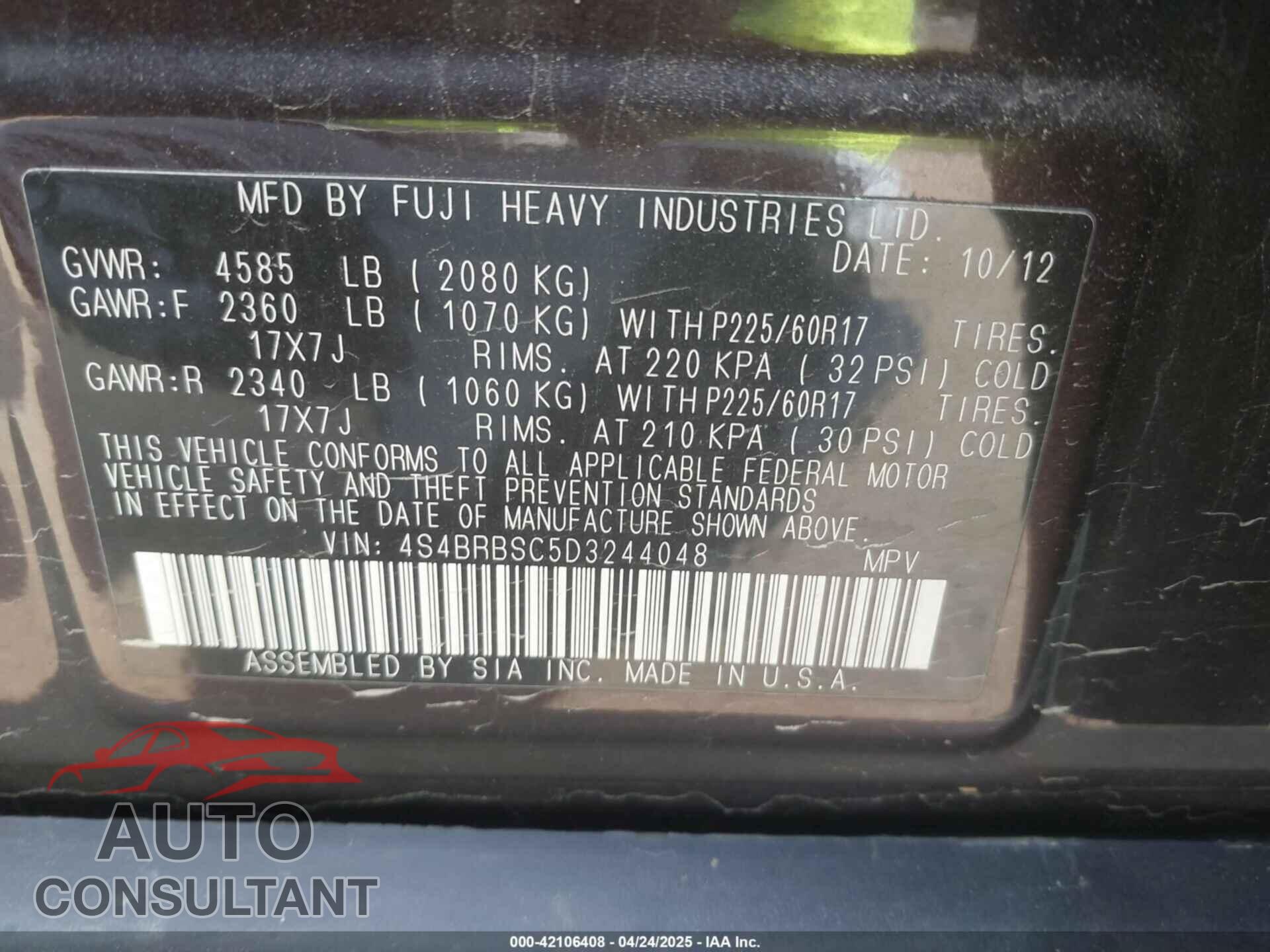 SUBARU OUTBACK 2013 - 4S4BRBSC5D3244048