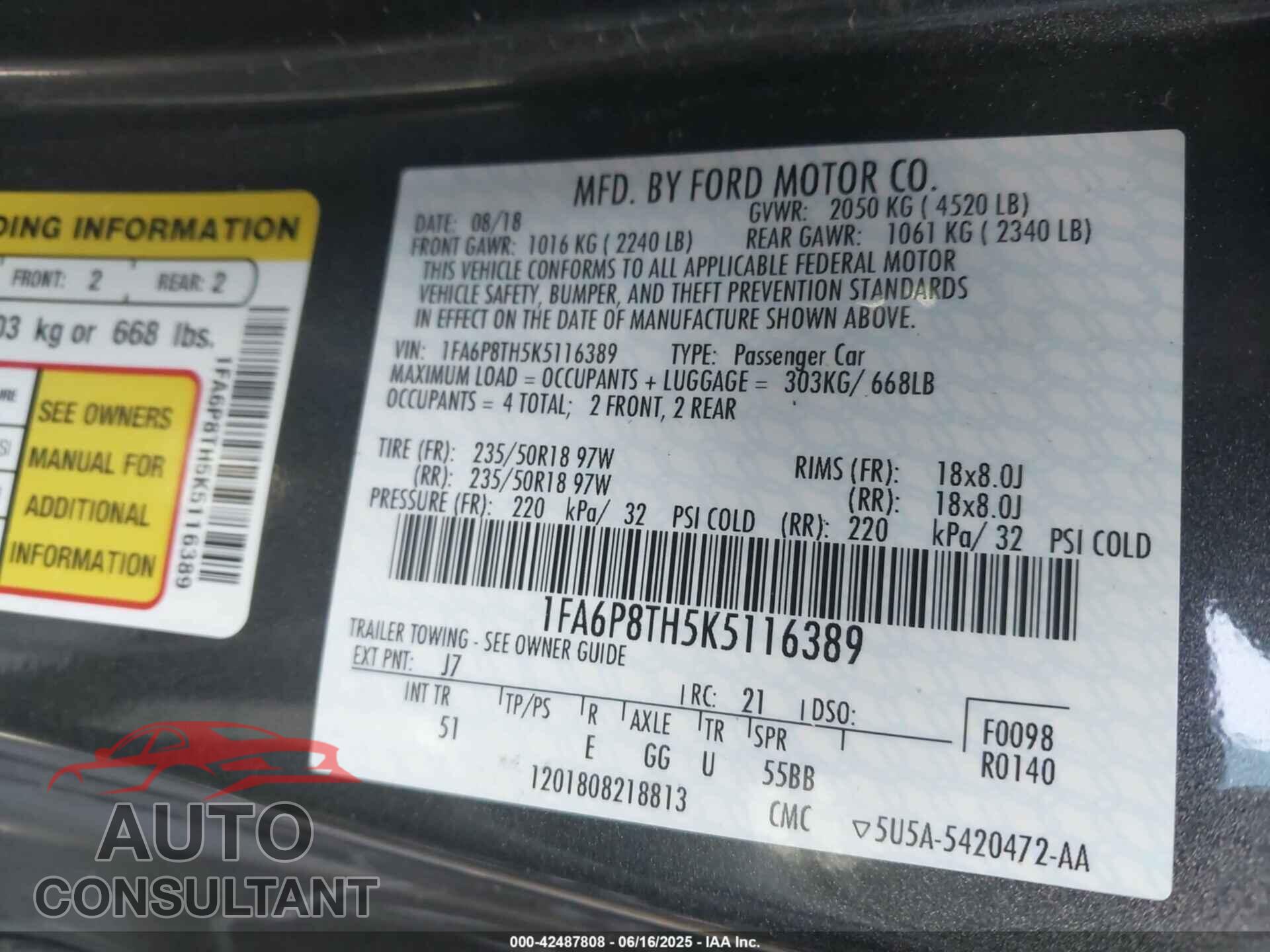 FORD MUSTANG 2019 - 1FA6P8TH5K5116389