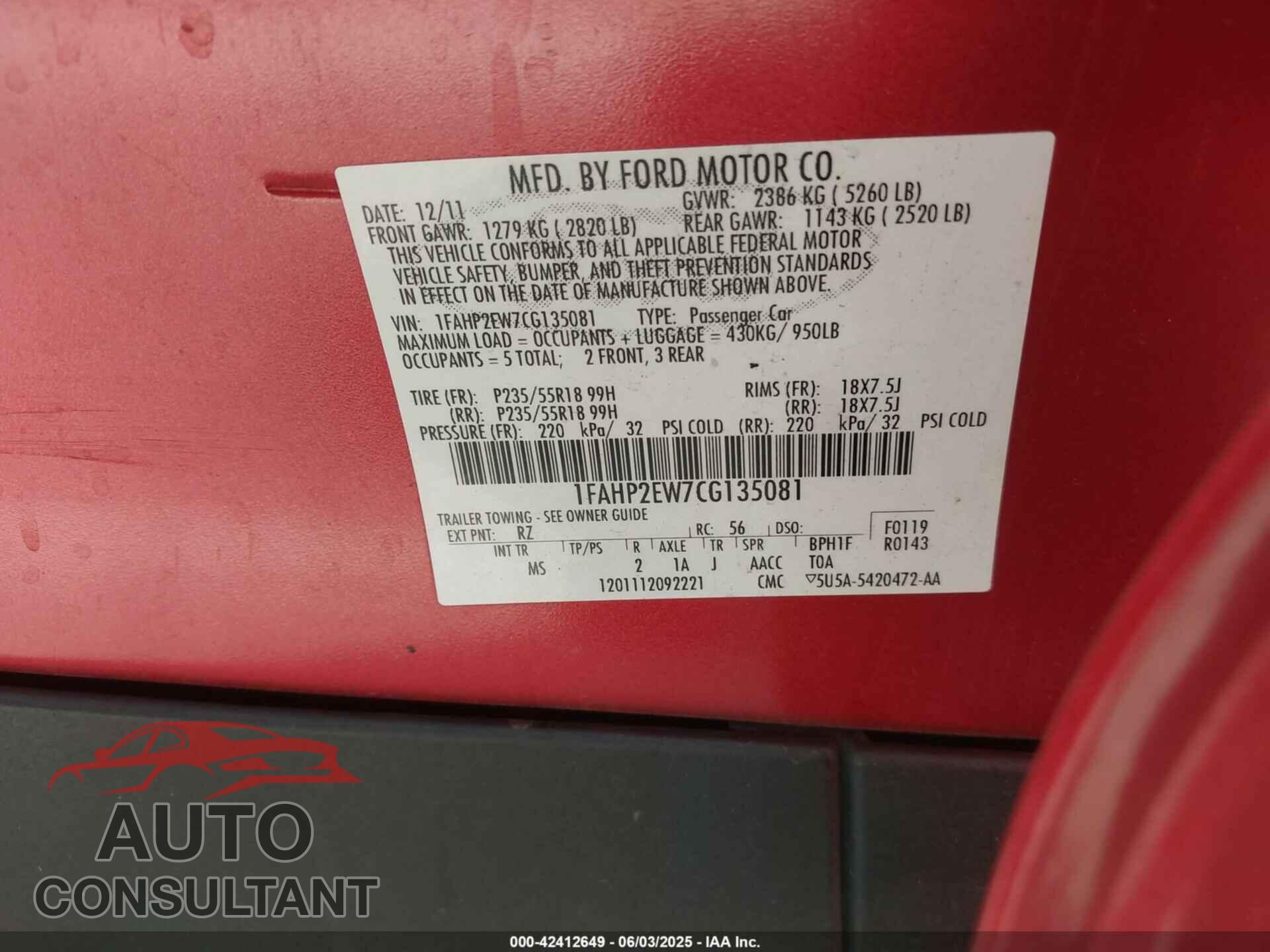 FORD TAURUS 2012 - 1FAHP2EW7CG135081