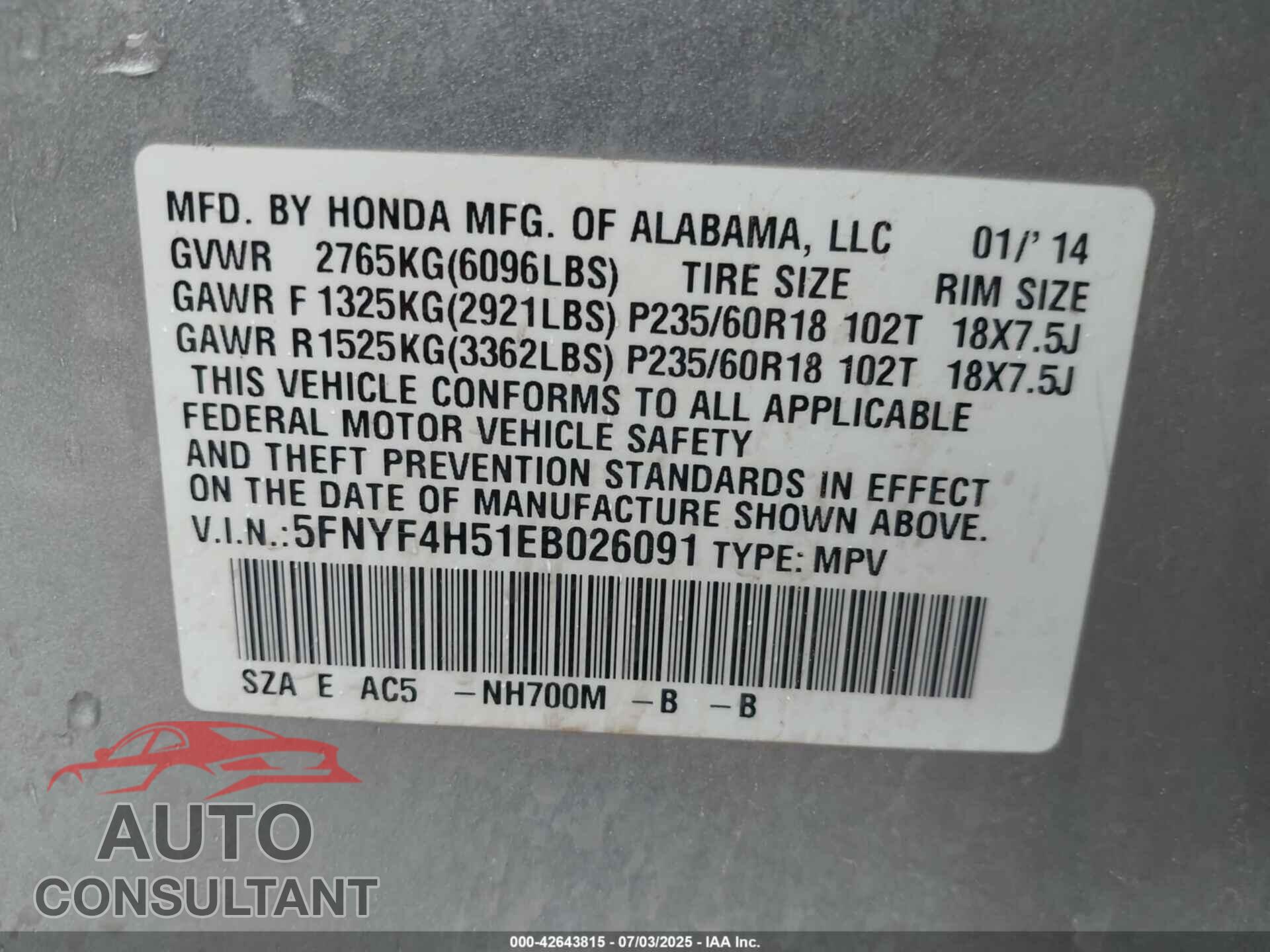HONDA PILOT 2014 - 5FNYF4H51EB026091