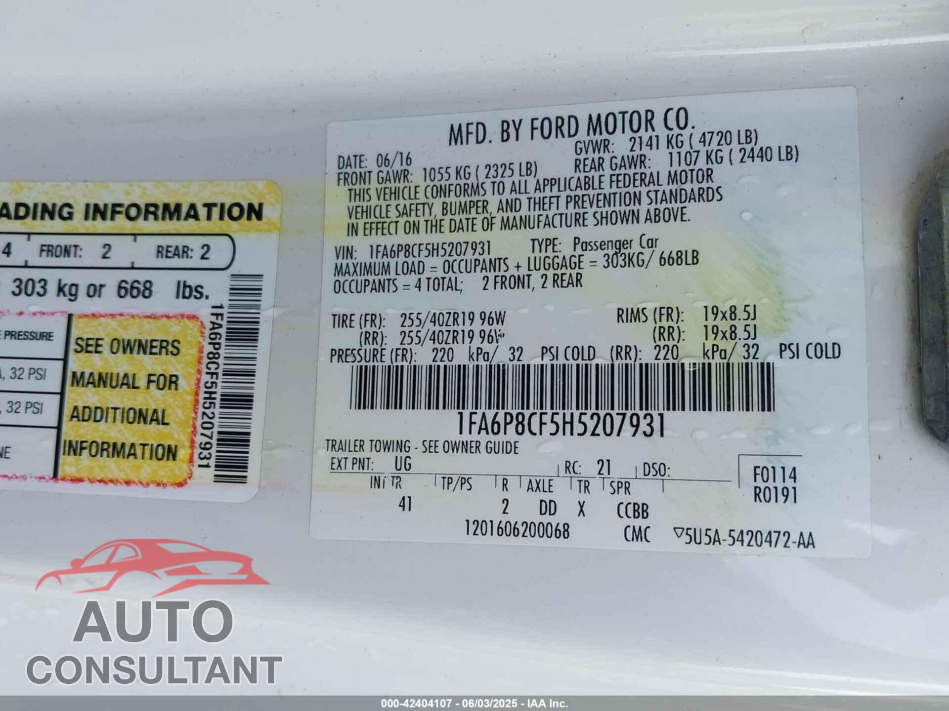 FORD MUSTANG 2017 - 1FA6P8CF5H5207931