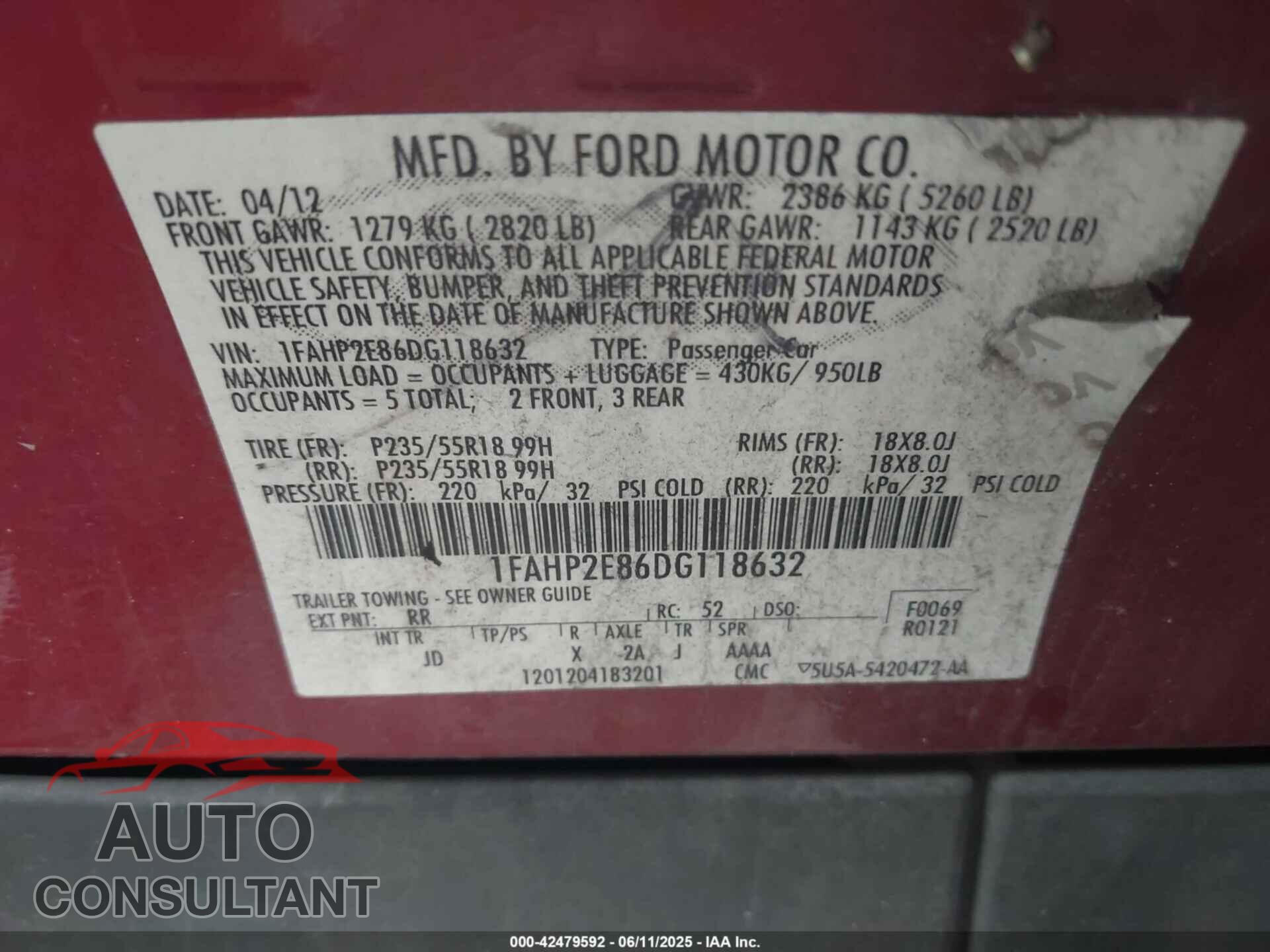 FORD TAURUS 2013 - 1FAHP2E86DG118632