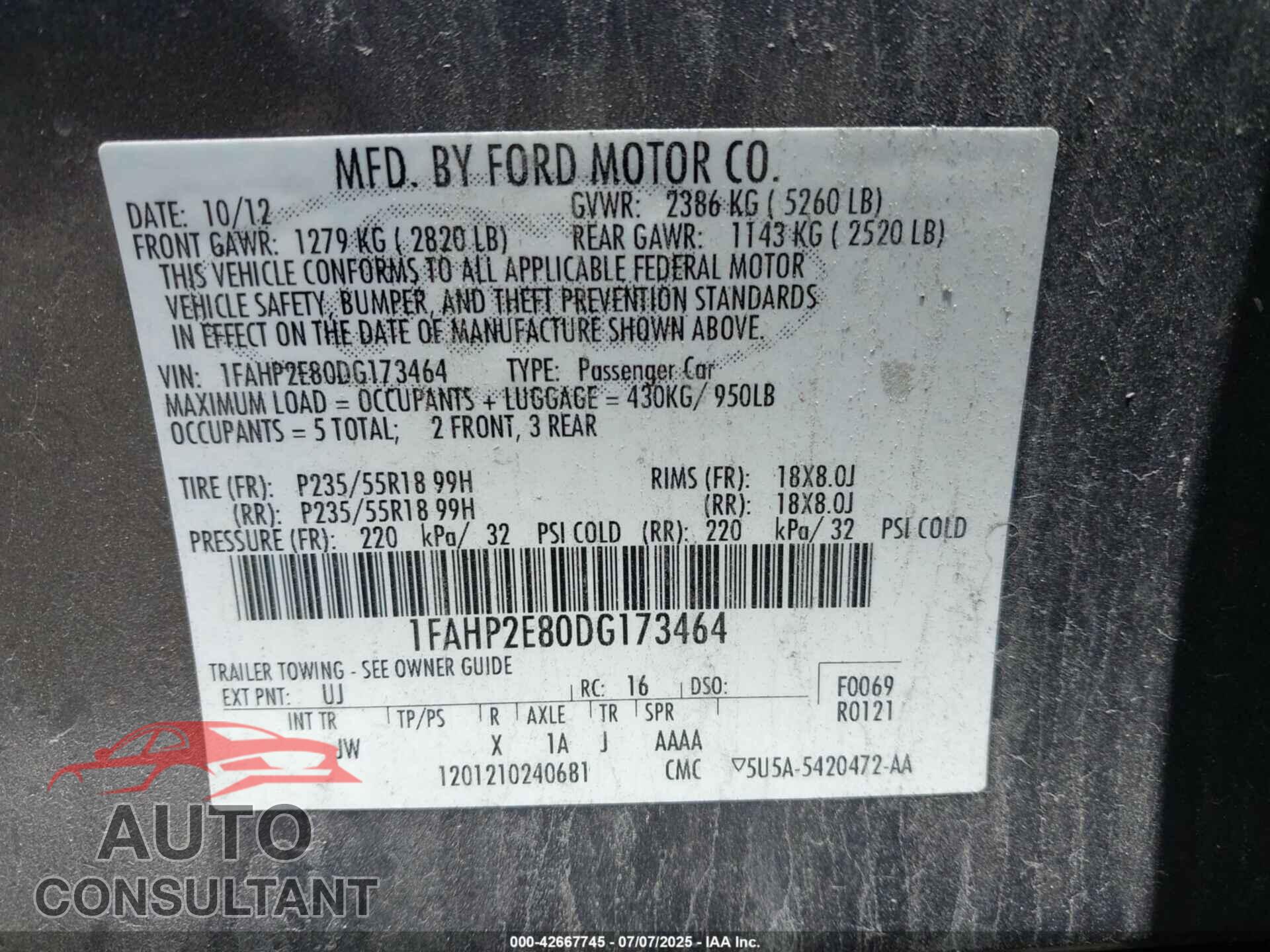 FORD TAURUS 2013 - 1FAHP2E80DG173464