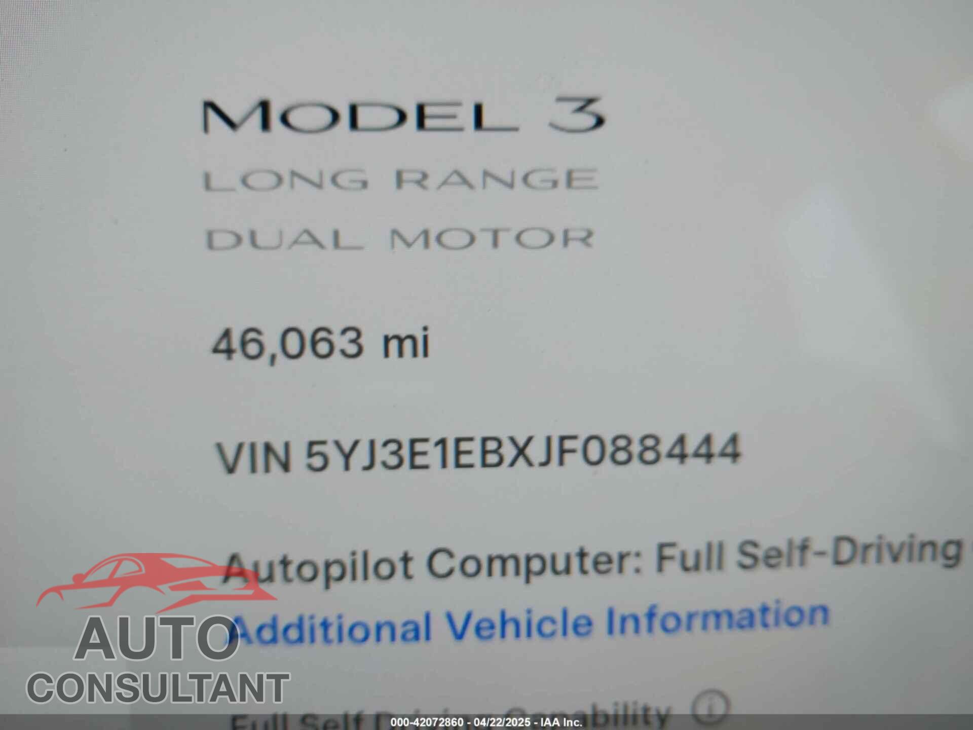 TESLA MODEL 3 2018 - 5YJ3E1EBXJF088444