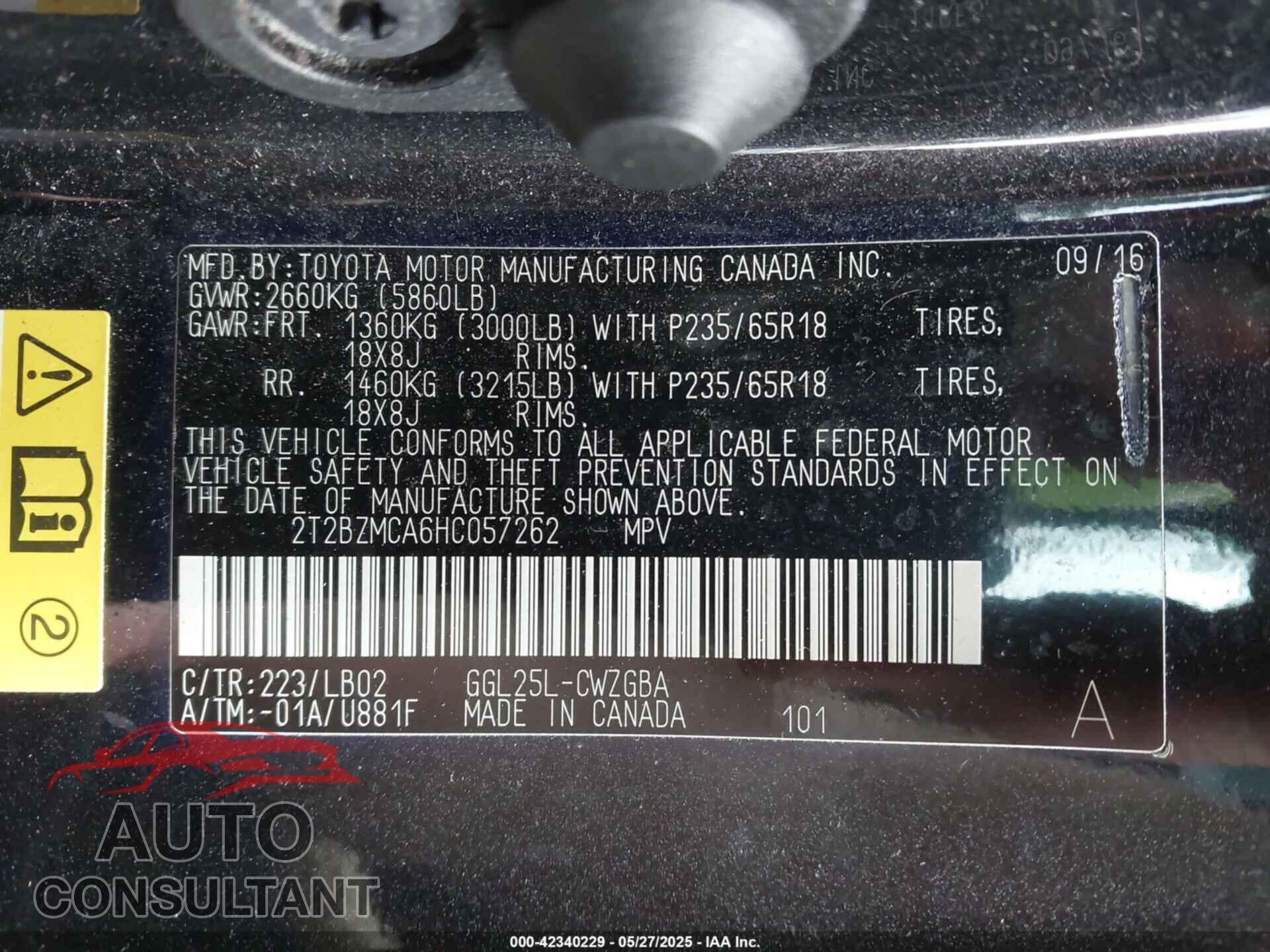 LEXUS RX 350 2017 - 2T2BZMCA6HC057262