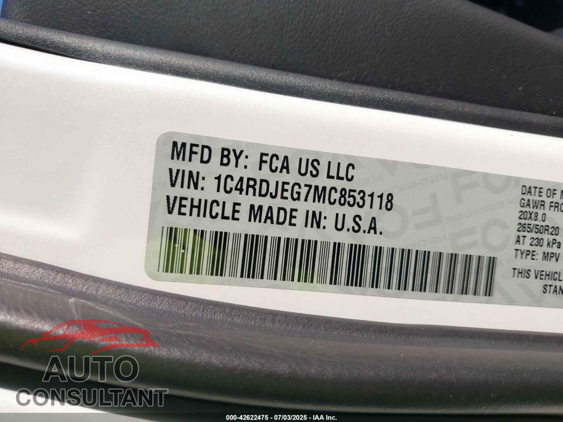 DODGE DURANGO 2021 - 1C4RDJEG7MC853118