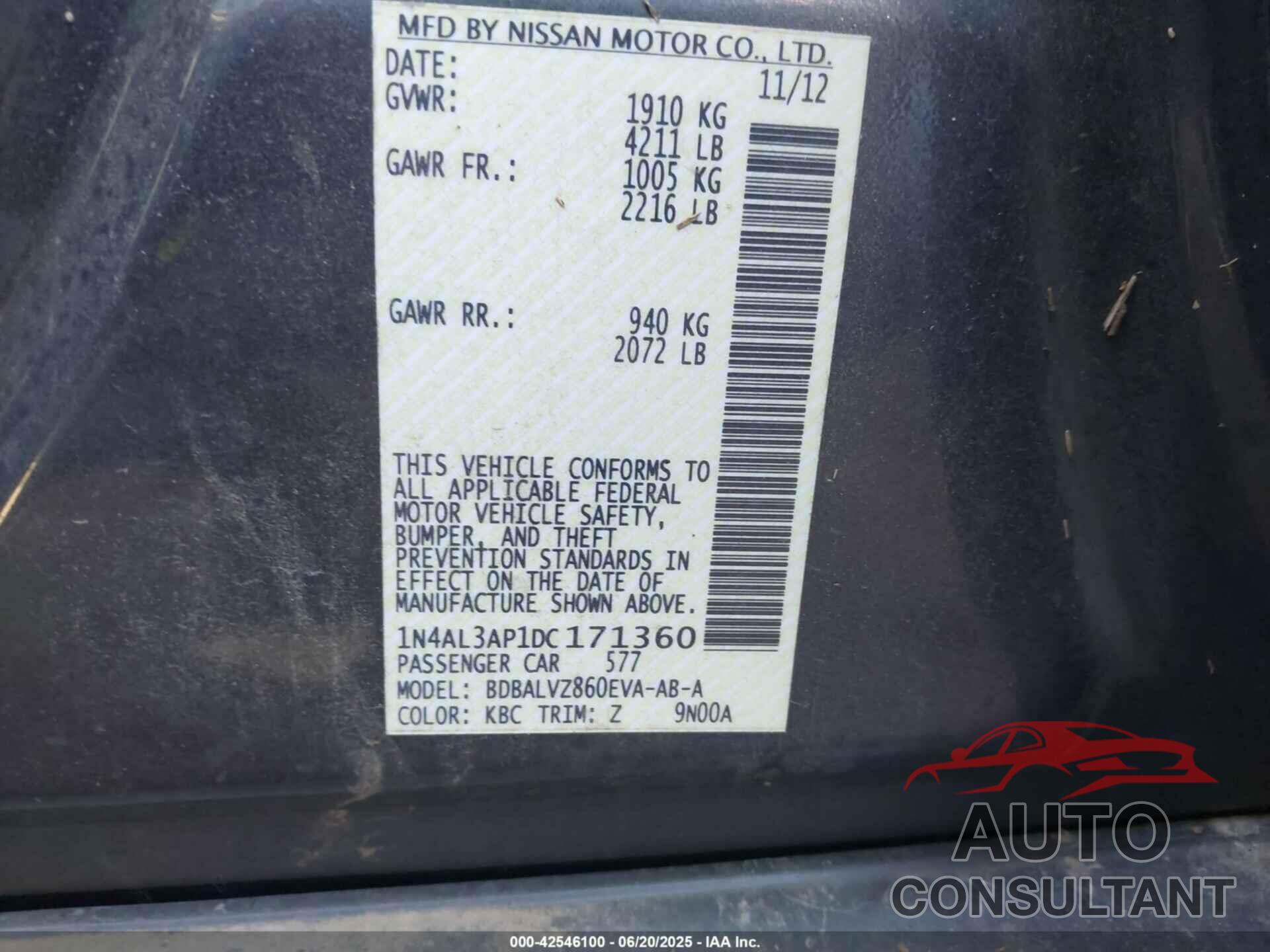NISSAN ALTIMA 2013 - 1N4AL3AP1DC171360