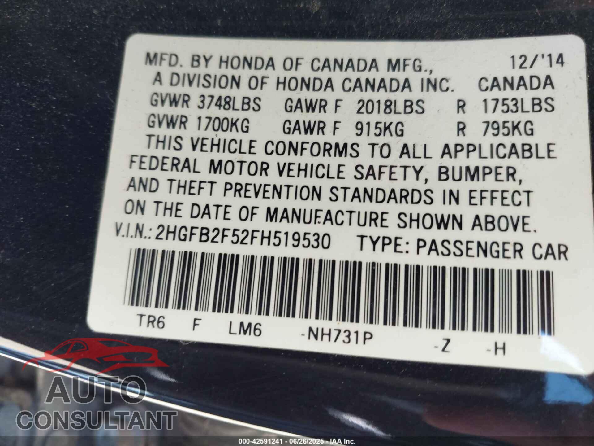 HONDA CIVIC 2015 - 2HGFB2F52FH519530