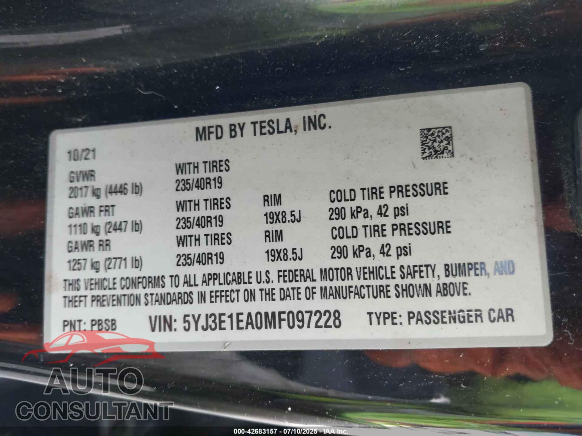 TESLA MODEL 3 2021 - 5YJ3E1EA0MF097228