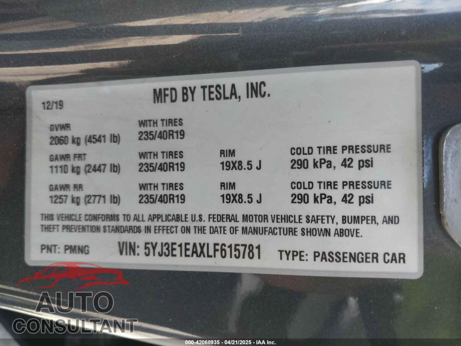 TESLA MODEL 3 2020 - 5YJ3E1EAXLF615781
