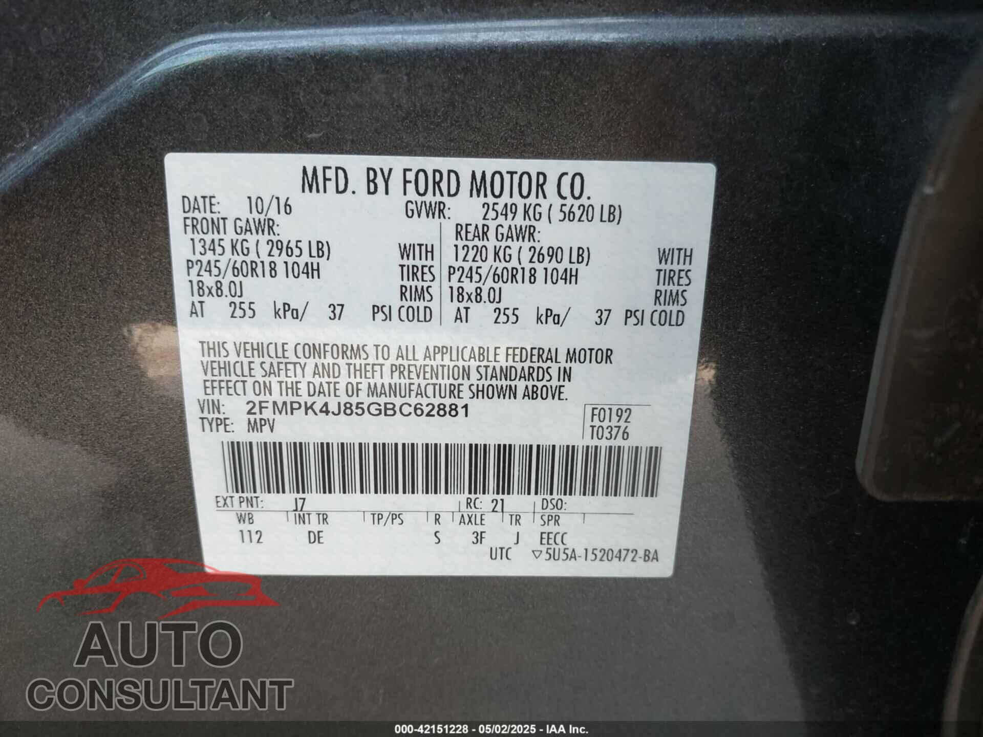 FORD EDGE 2016 - 2FMPK4J85GBC62881