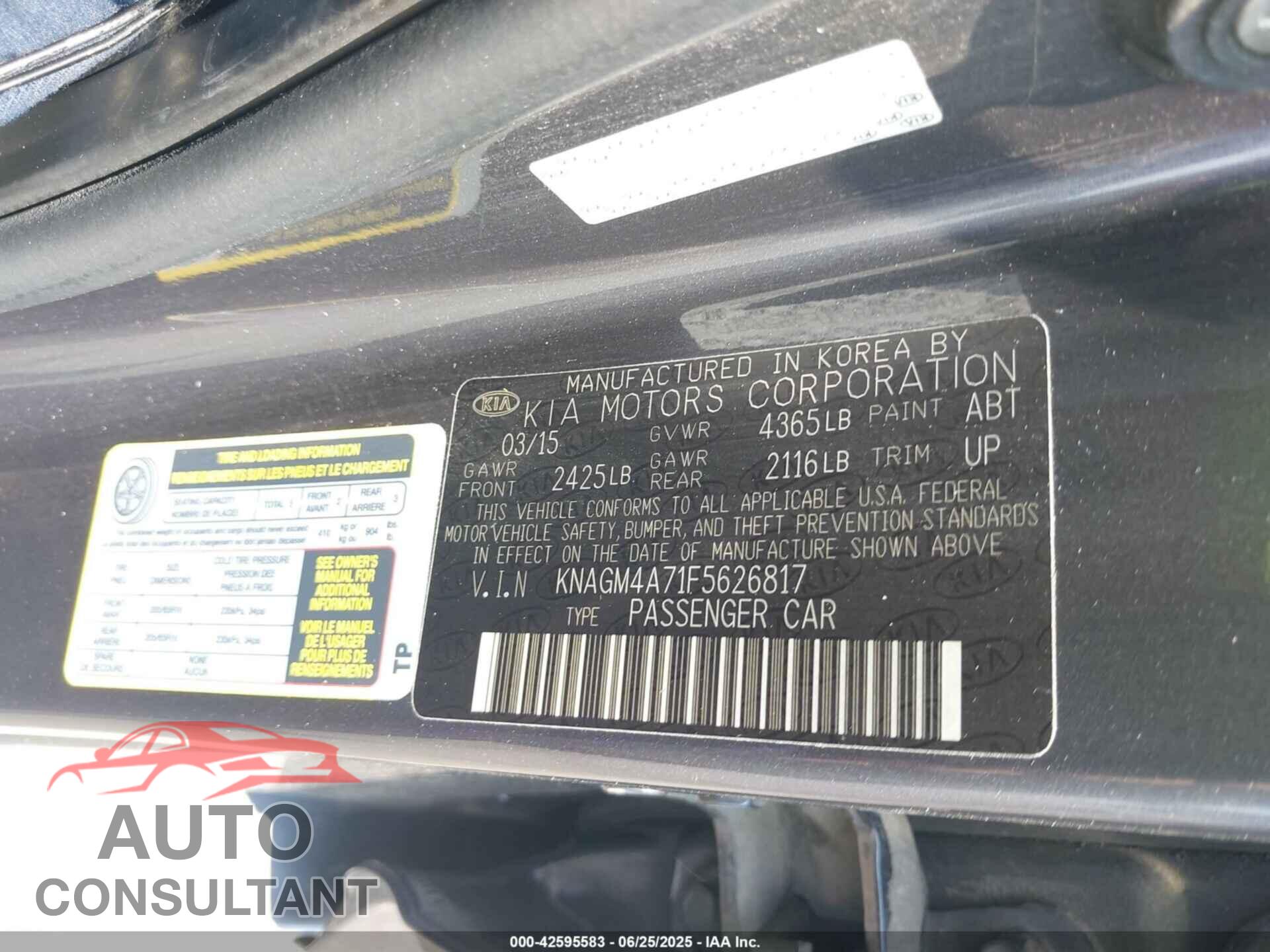KIA OPTIMA 2015 - KNAGM4A71F5626817