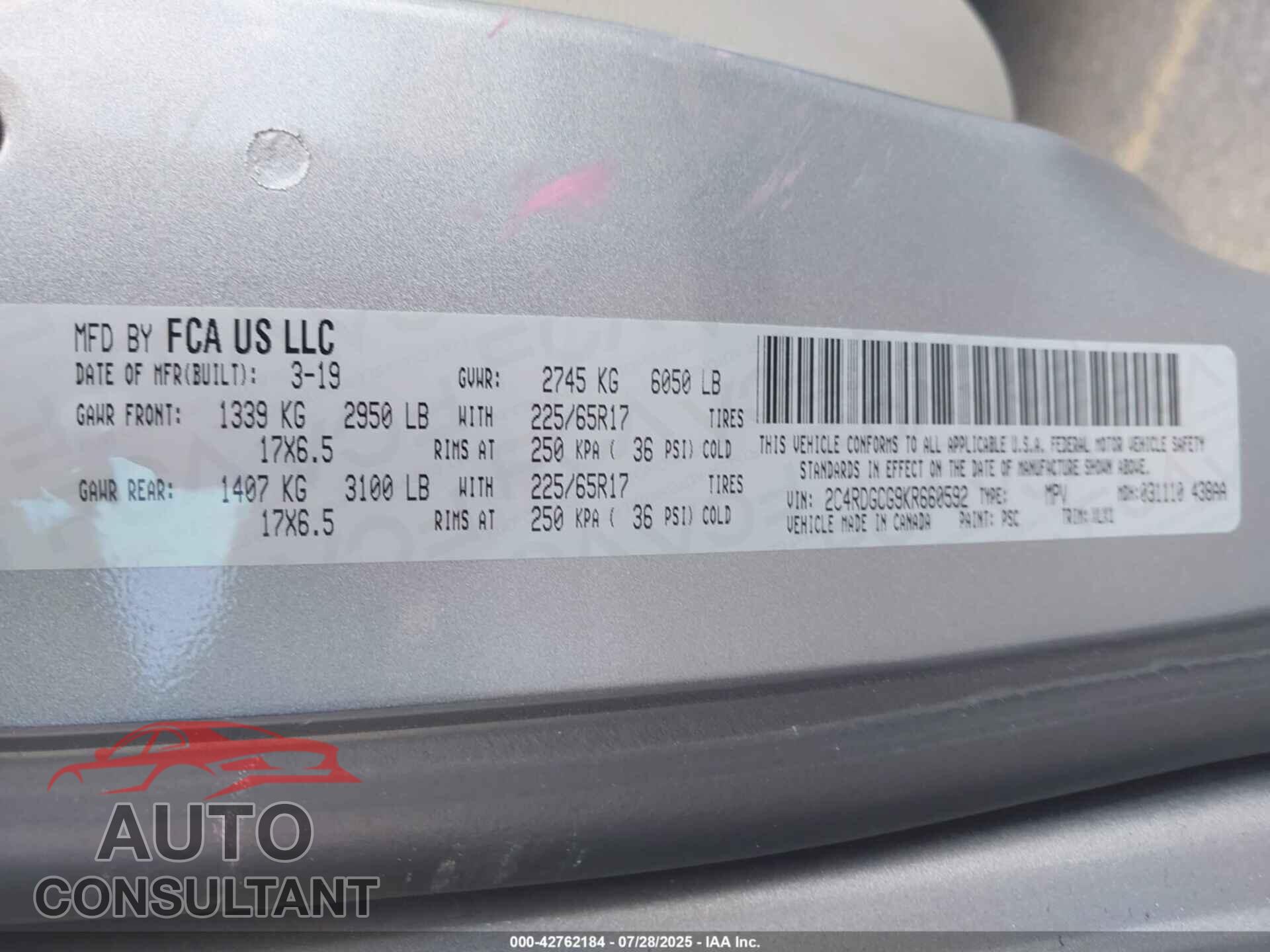 DODGE GRAND CARAVAN 2019 - 2C4RDGCG9KR660592