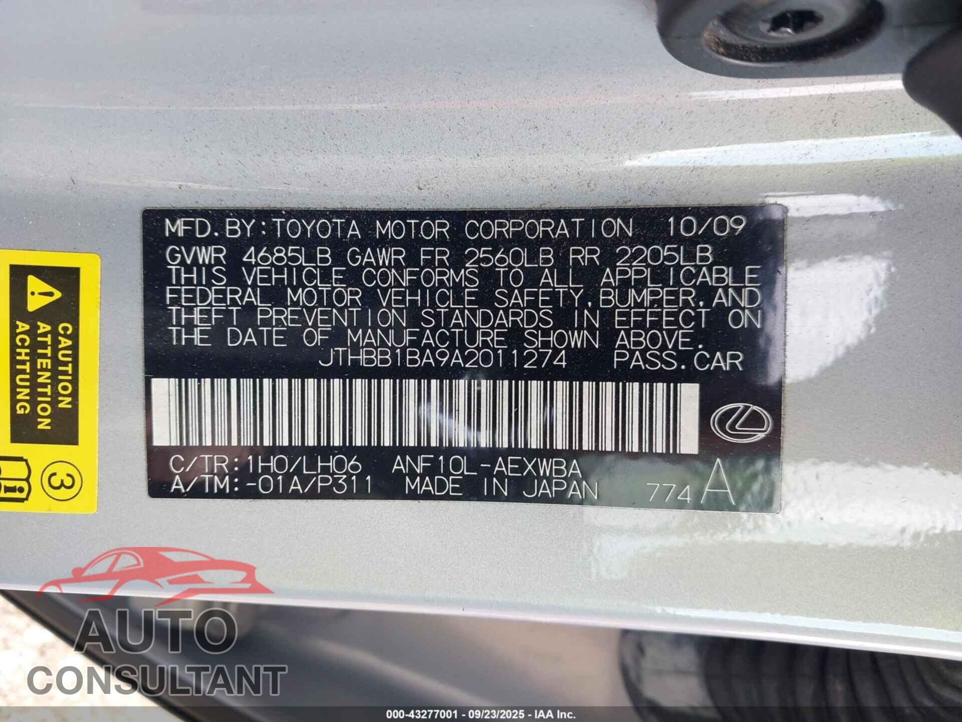 LEXUS HS 250H 2010 - JTHBB1BA9A2011274