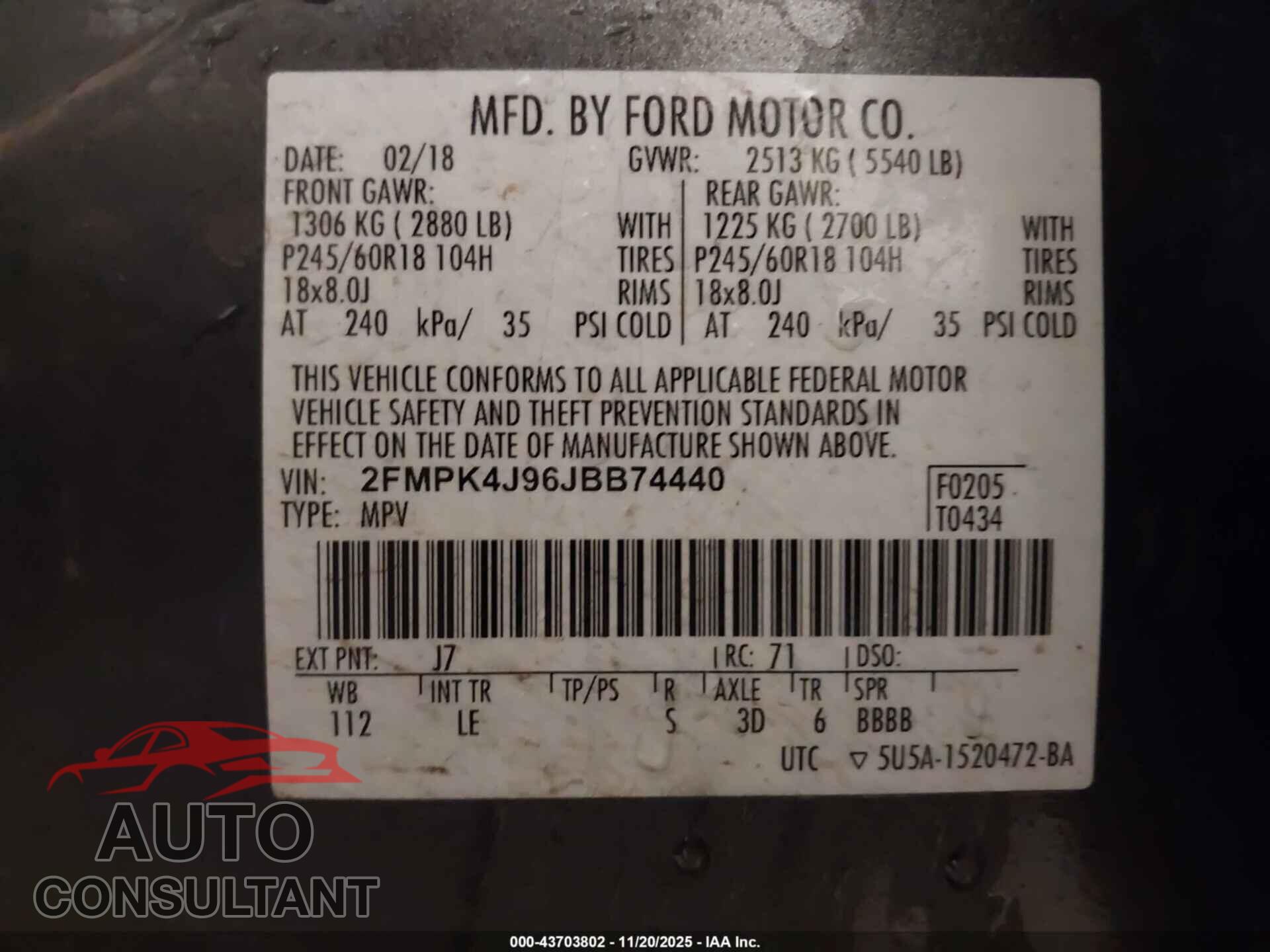 FORD EDGE 2018 - 2FMPK4J96JBB74440