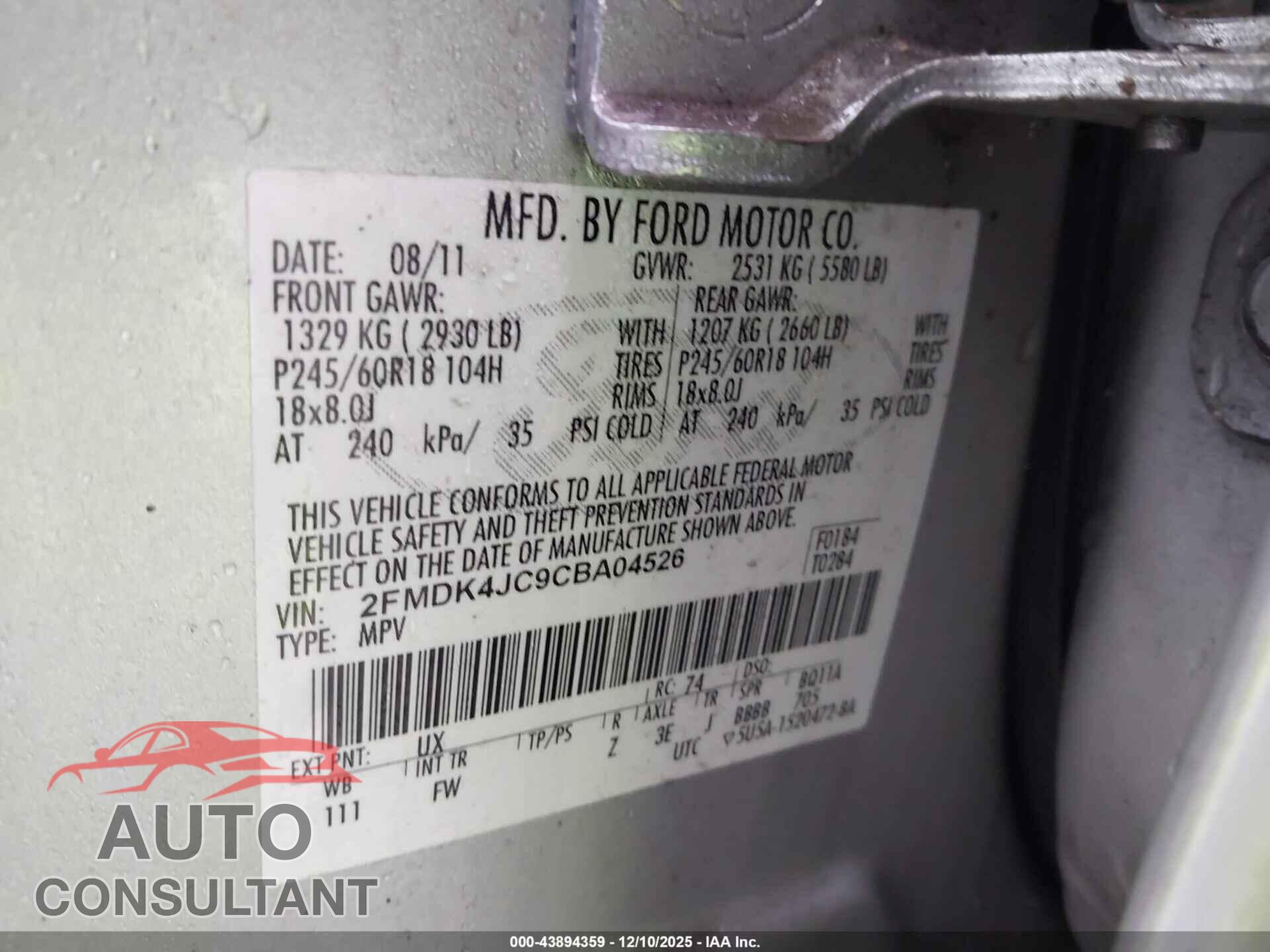 FORD EDGE 2012 - 2FMDK4JC9CBA04526