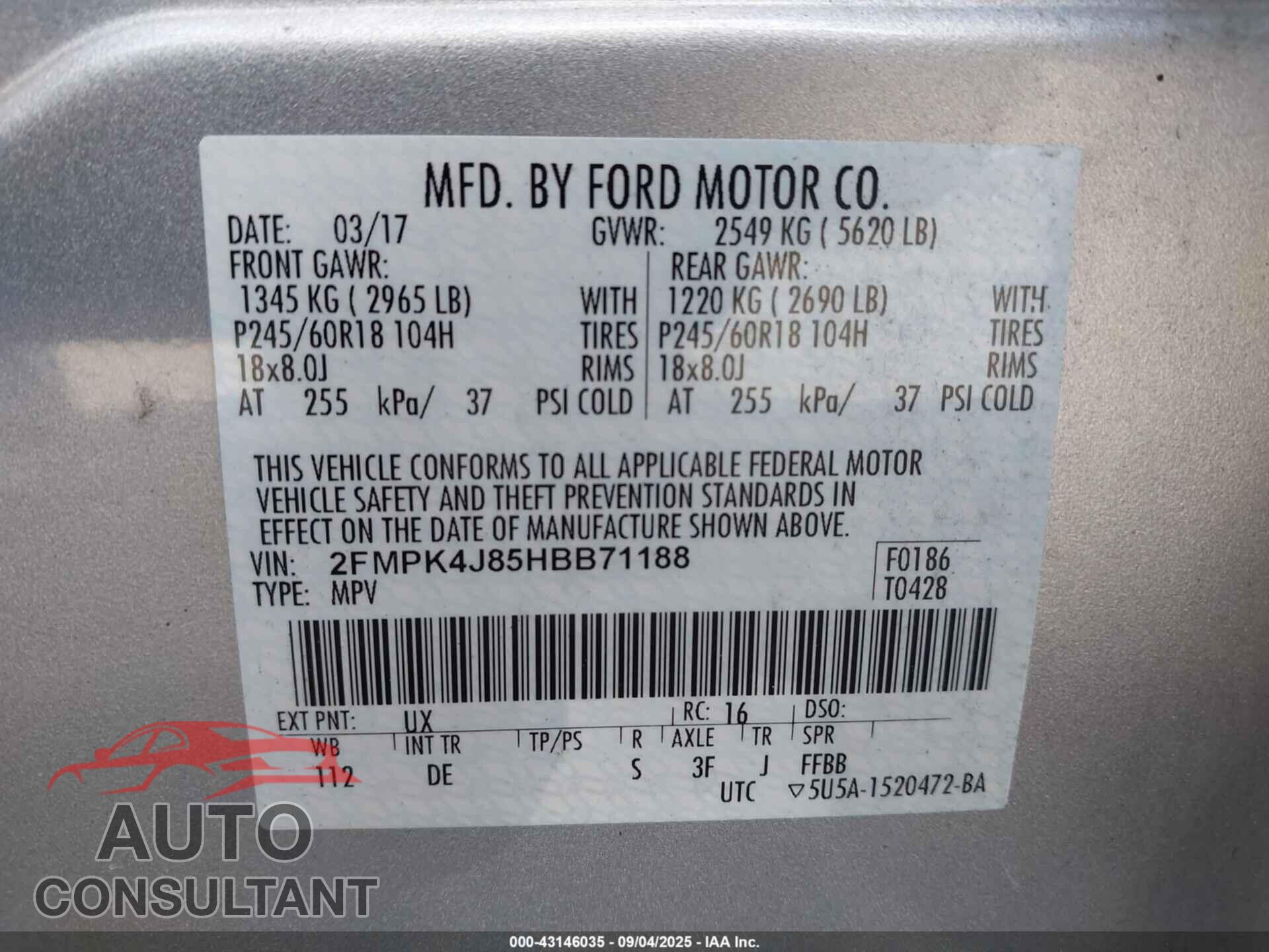 FORD EDGE 2017 - 2FMPK4J85HBB71188