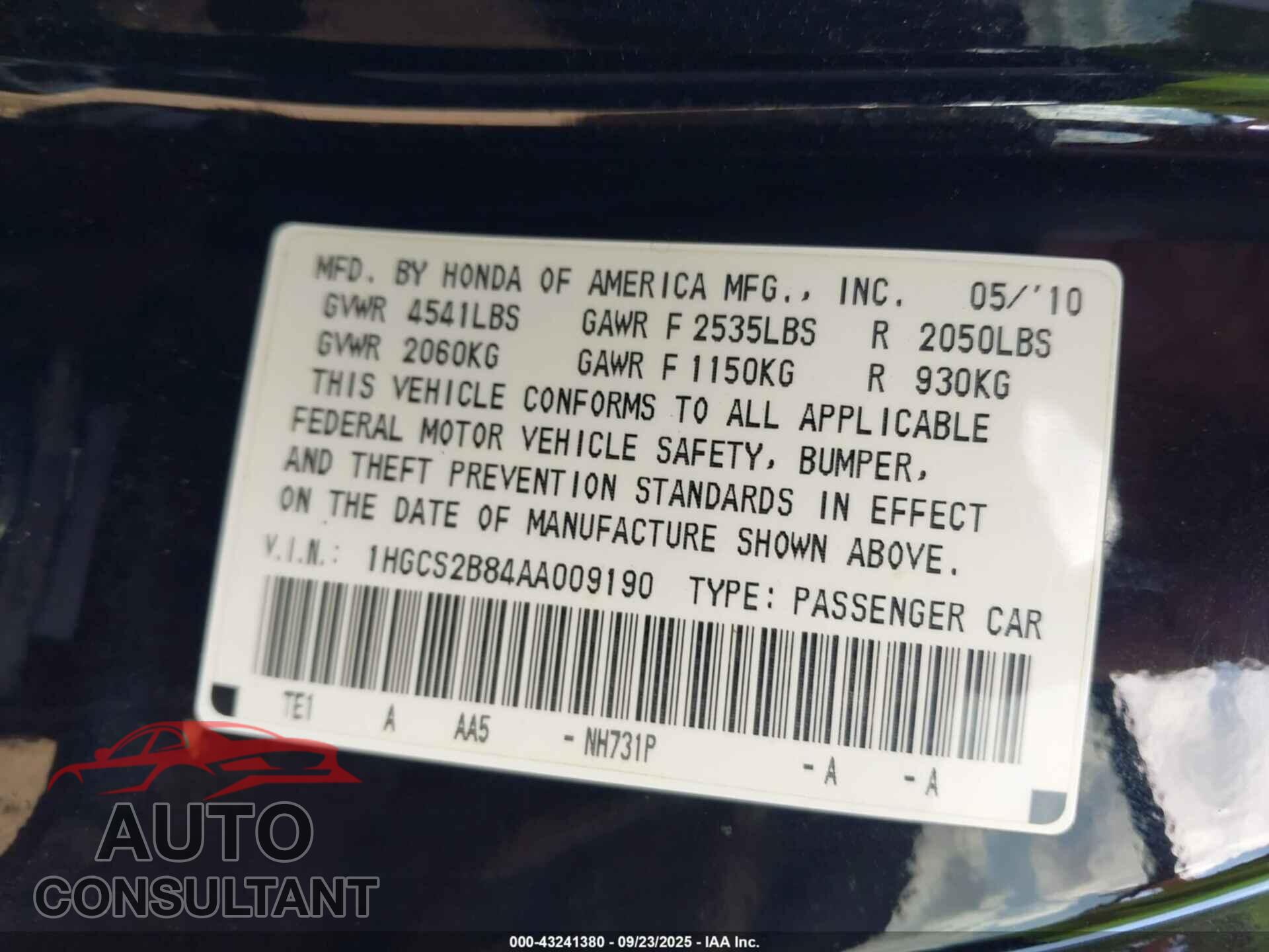 HONDA ACCORD 2010 - 1HGCS2B84AA009190